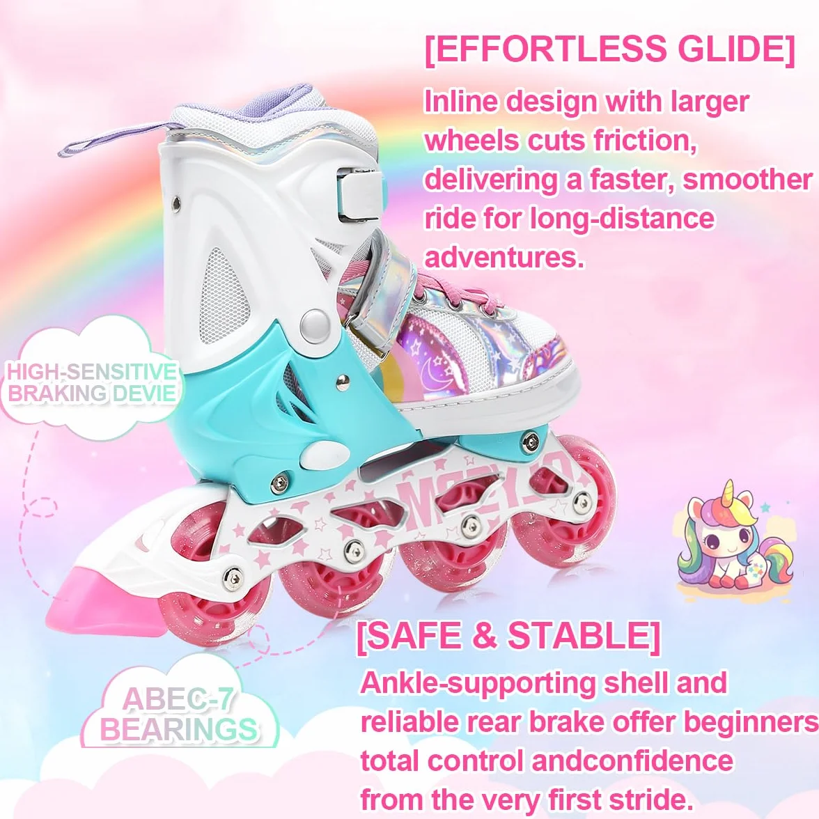 Pattini in Linea Bambina luminosi regolabili,unicorno arcobaleno,Pattini a rotelle con Tutte Ruote LED per Principianti Bambini,Regalo di Natale