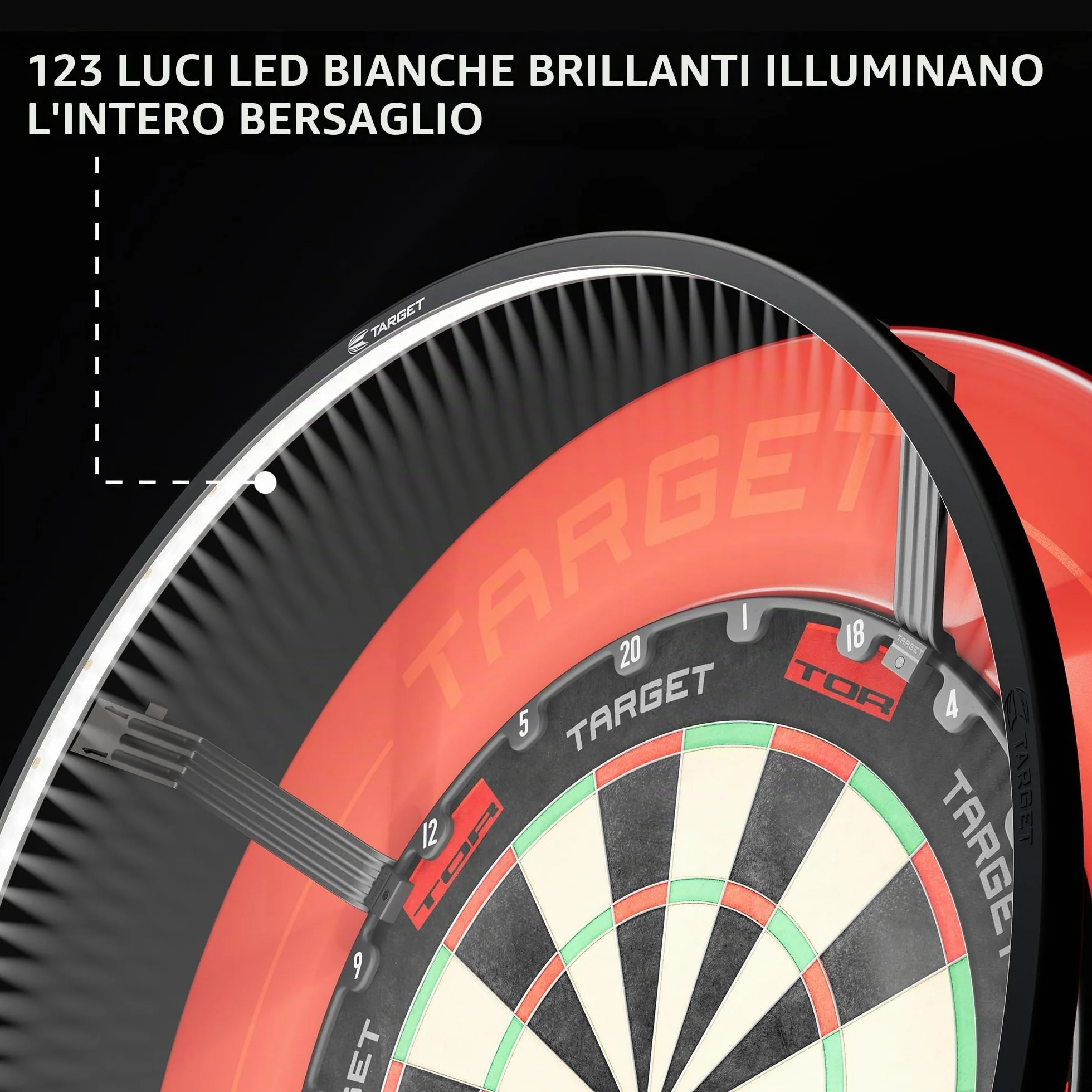 Target Darts Corona Vision Dartboard LED Illuminazione Nero Anello Luminoso Bianco Bersaglio Freccette Piedini Magnetici