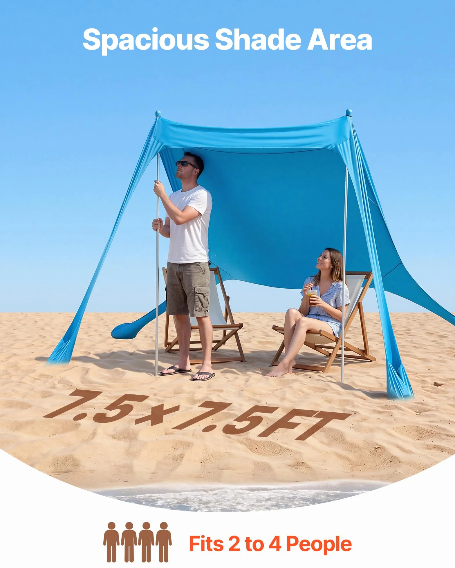 VEVOR Tenda Parasole Portatile da Spiaggia per Esterno Protezione Solare UPF50+ 2,3 x 2,3 x 2 m, Parasole da Spiaggia con Pali di Supporto Tenda Portatile per Campeggio Viaggio Pesca, Blu