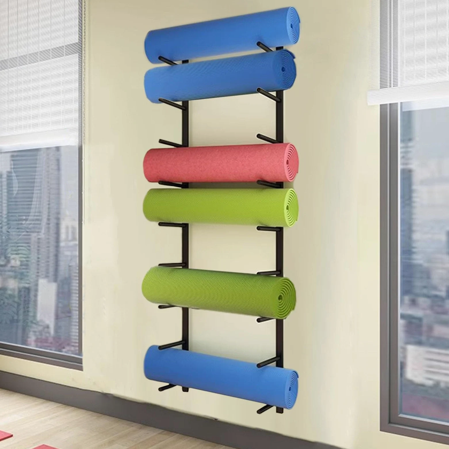 Porta Tappetino Yoga Rastrelliera Porta Tappetino Yoga per Palestra, Portaoggetti In Metallo per Rullo di Schiuma e Cinghie Elastiche, Organizzatore di Tappetini per Esercizi con Montaggio a Parete