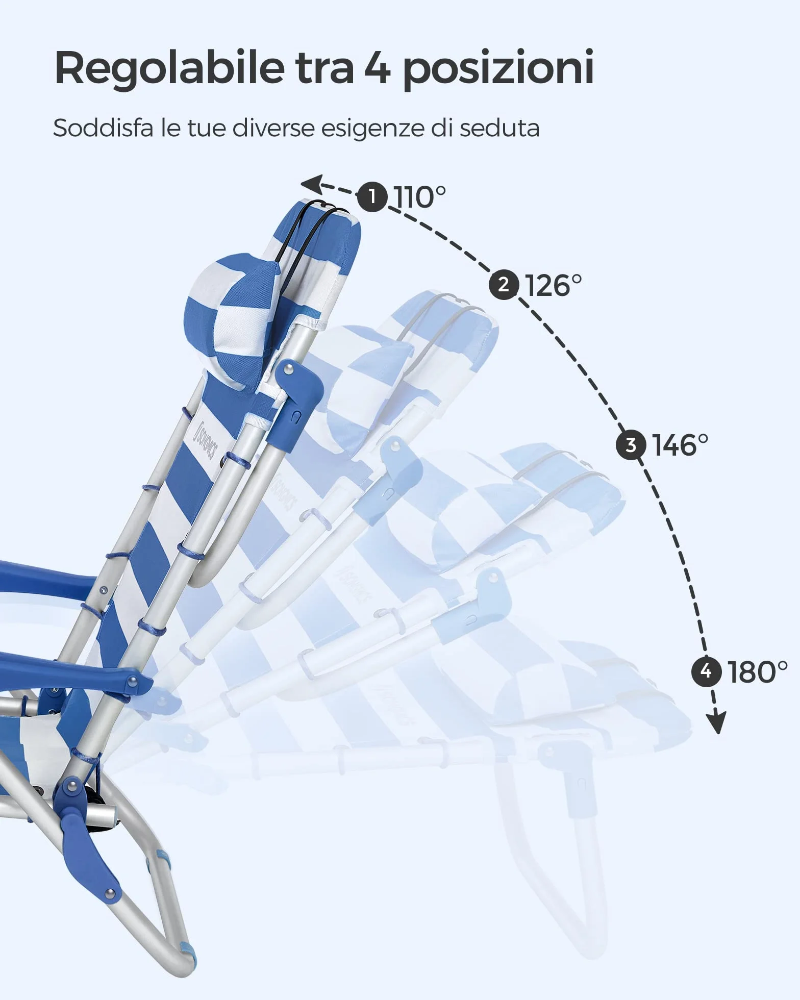 SONGMICS Sedia da spiaggia, sedia da campeggio pieghevole, con tracolla, schienale regolabile, poggiatesta, bracciolo, 2 tasche laterali, blu e bianco GCB62BU