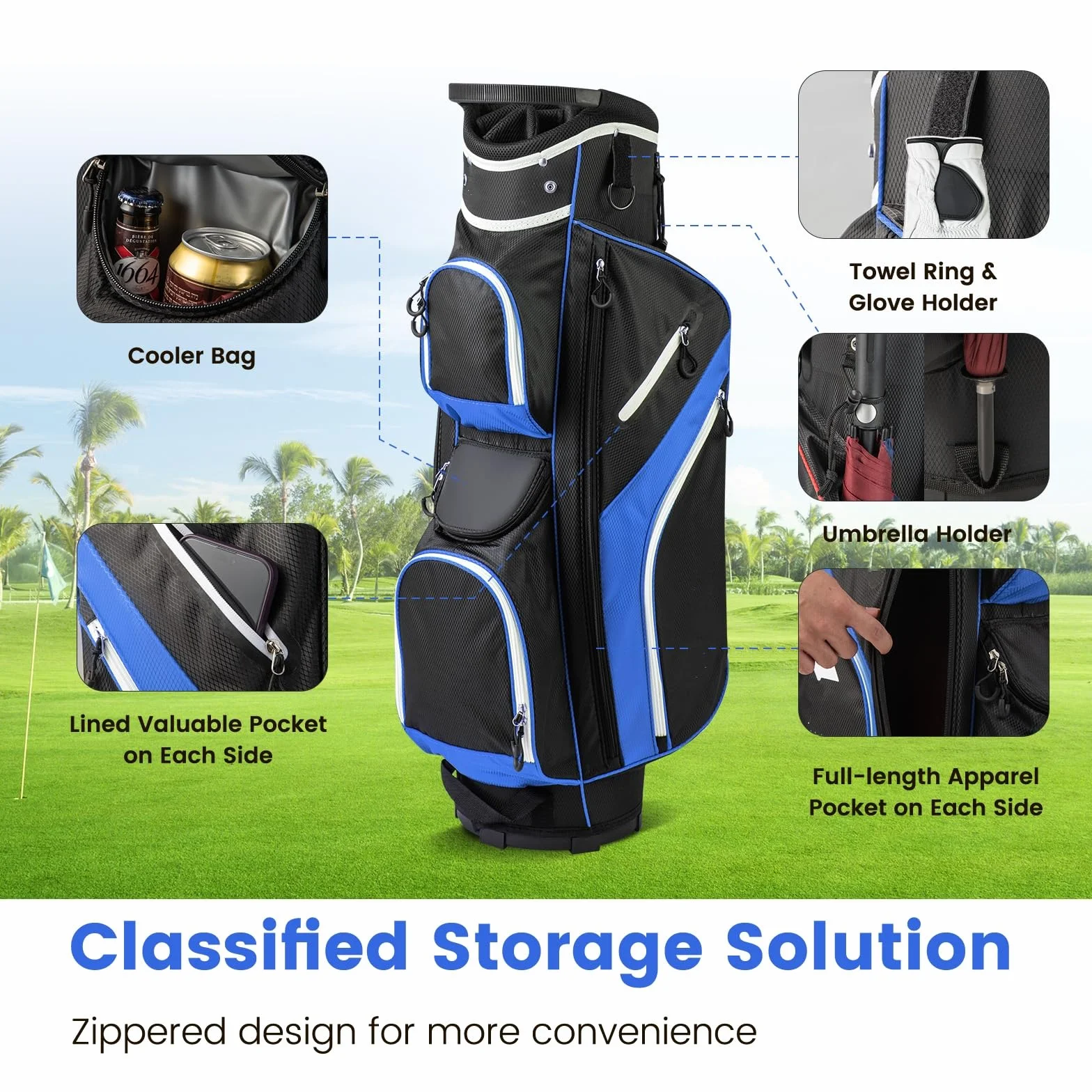 LIFEZEAL Sacca Golf, Travel Bag, Custodia a 14 Scomparti, Borsa Golf a Spalla, Leggera, Impermeabile, Portatile, con Cinghia, Portabicchierie, 9 Sacchi, Borsa Termica, Portaombrello