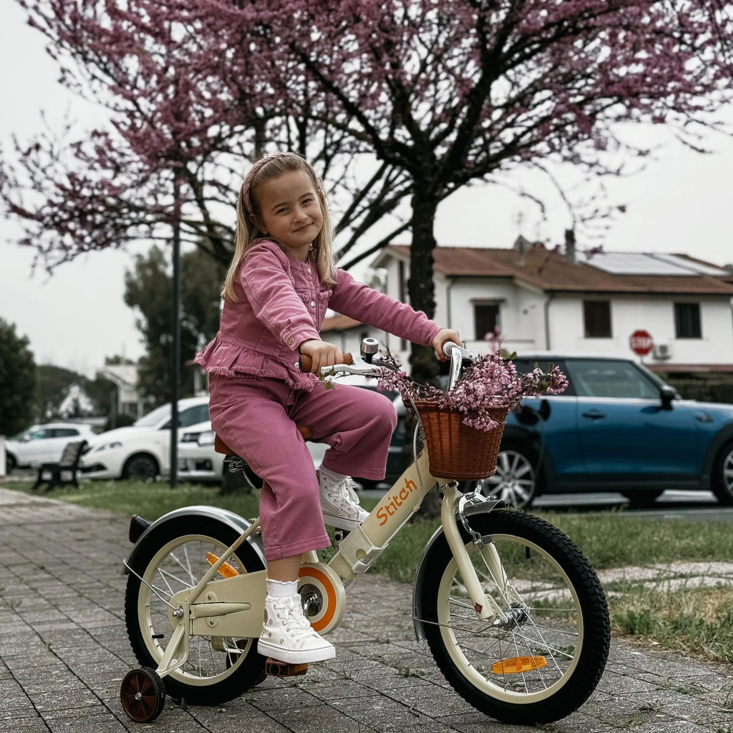 Bicicletta per Bambini 12/14/16 Pollici con Cestino e Rotelle, Beige/Rosa