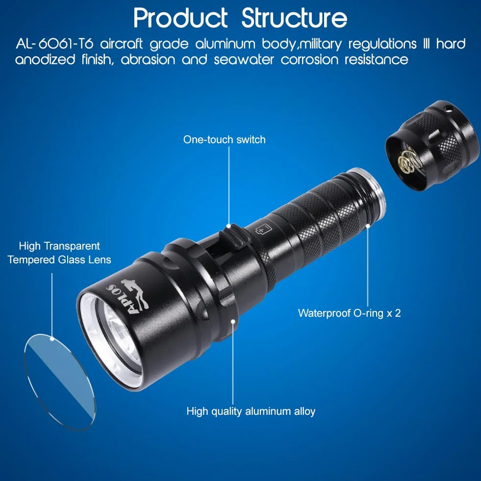 APLOS AP20 Torcia Subacquea LED Ricaricabile 2000 Lumen IPX8 Impermeabile 100m Interruttore Magnetico