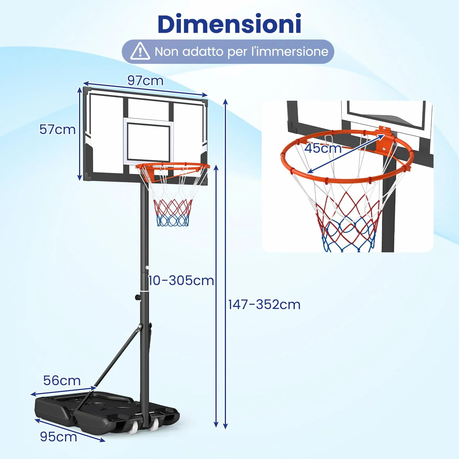 COSTWAY Canestro da Basket da Esterno Portatile Regolabile 1-3M Tabellone Antiurto con Ruote