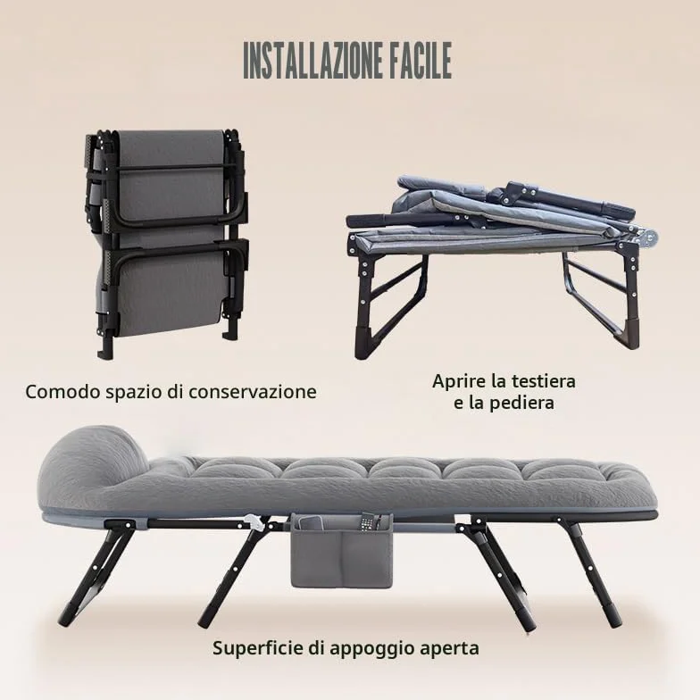 Letto da campeggio pieghevole per adulti 180cm capacità 200kg telaio in metallo