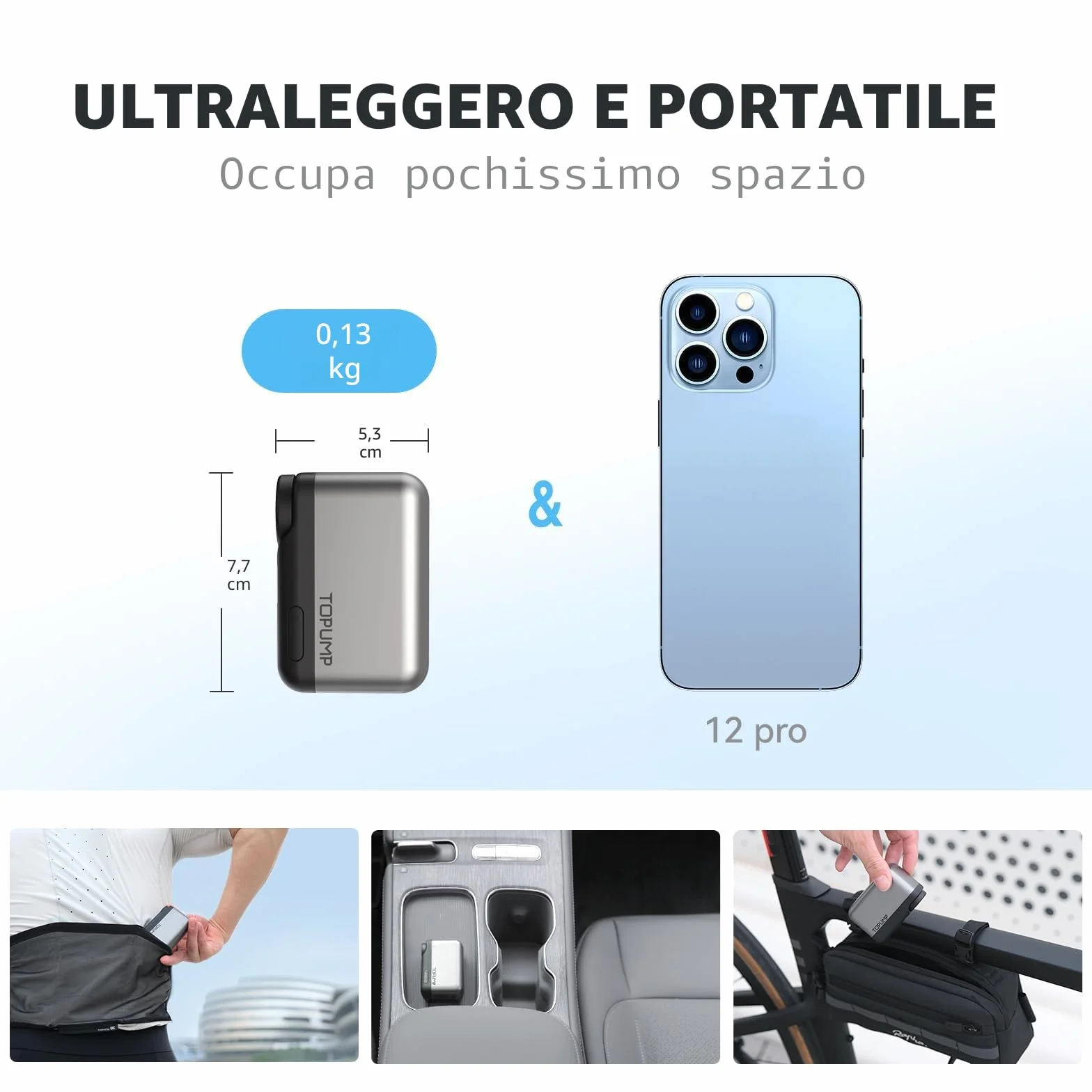 TOPUMP Mini Pompa Elettrica per Bicicletta 120 PSI con Manometro, Valvola Presta e Schrader, Auto Stop