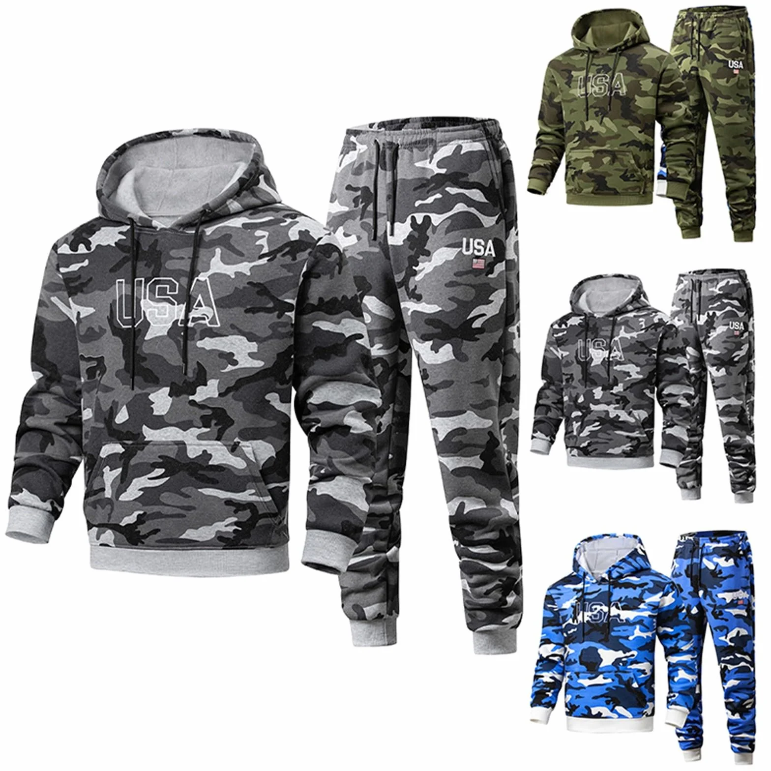 Tuta da ginnastica da uomo mimetica 2 pezzi con cappuccio e pantaloni jogging Activewear Y2K Hip Hop