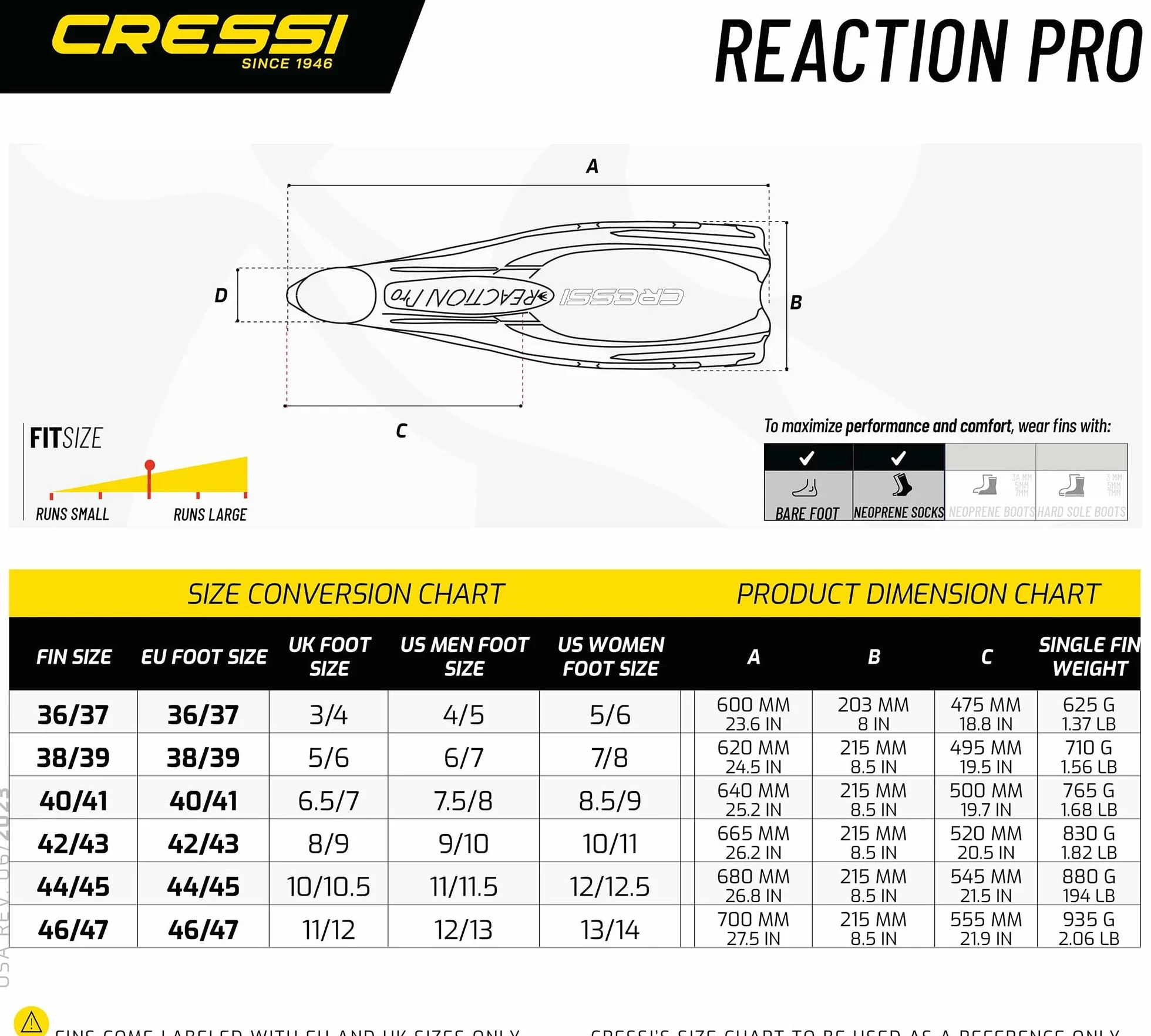 CRESSI Reaction Pro Pinna Snorkeling Sub Apnea Flipper Full Foot Silicone Suola Antiscivolo