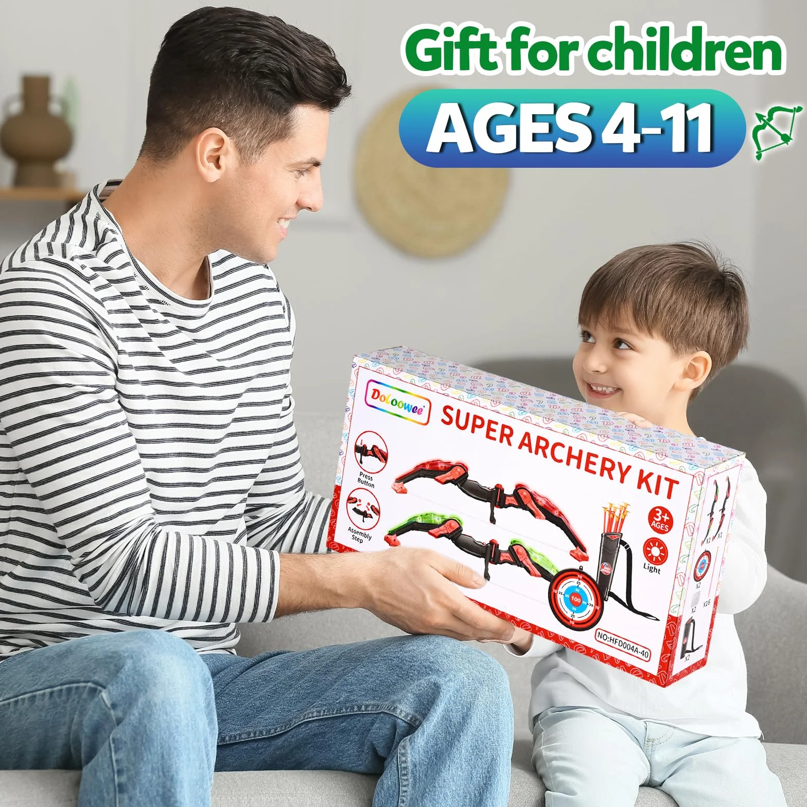 Doloowee Arco e Freccia per Bambini Giocattoli con Luce LED Set Tiro con L'Arco 8 Frecce a Ventose Bersaglio Faretra Spalla