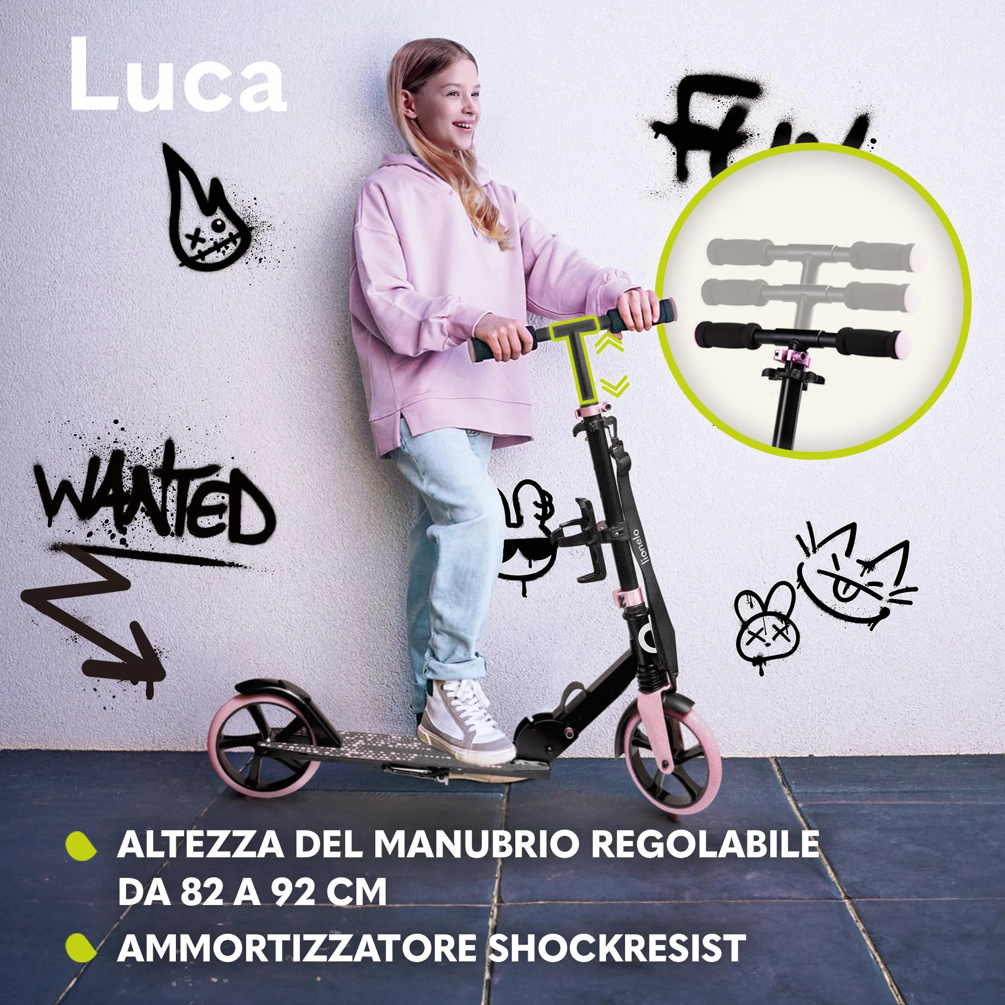 Lionelo LUCA Monopattino pieghevole Regolabile leggero Ruote Ammortizzatori ShockResist Freno posteriore Cinghia trasporto