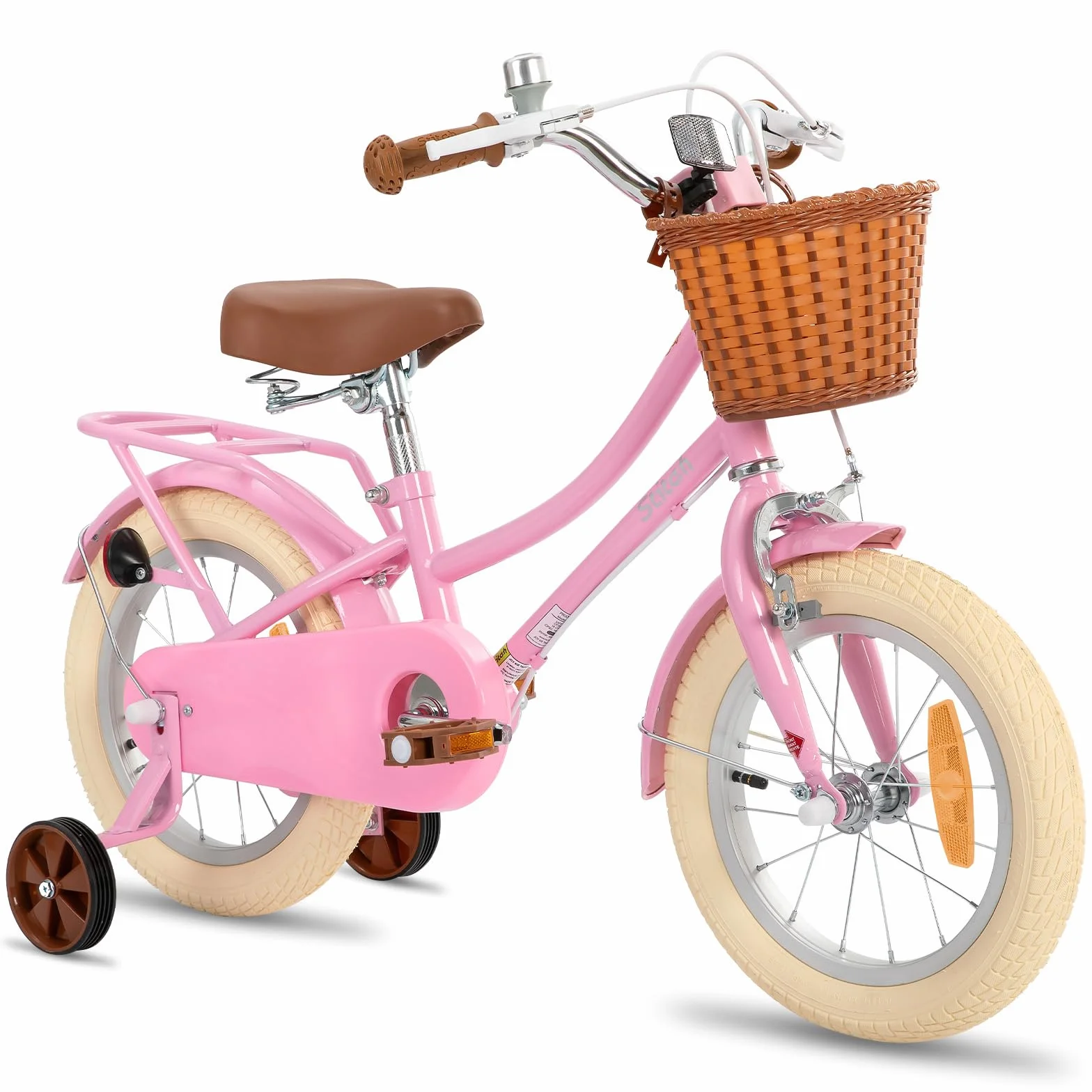 Bicicletta per bambini 12-18 pollici con cestino e ruote stabilizzatrici verde e rosa
