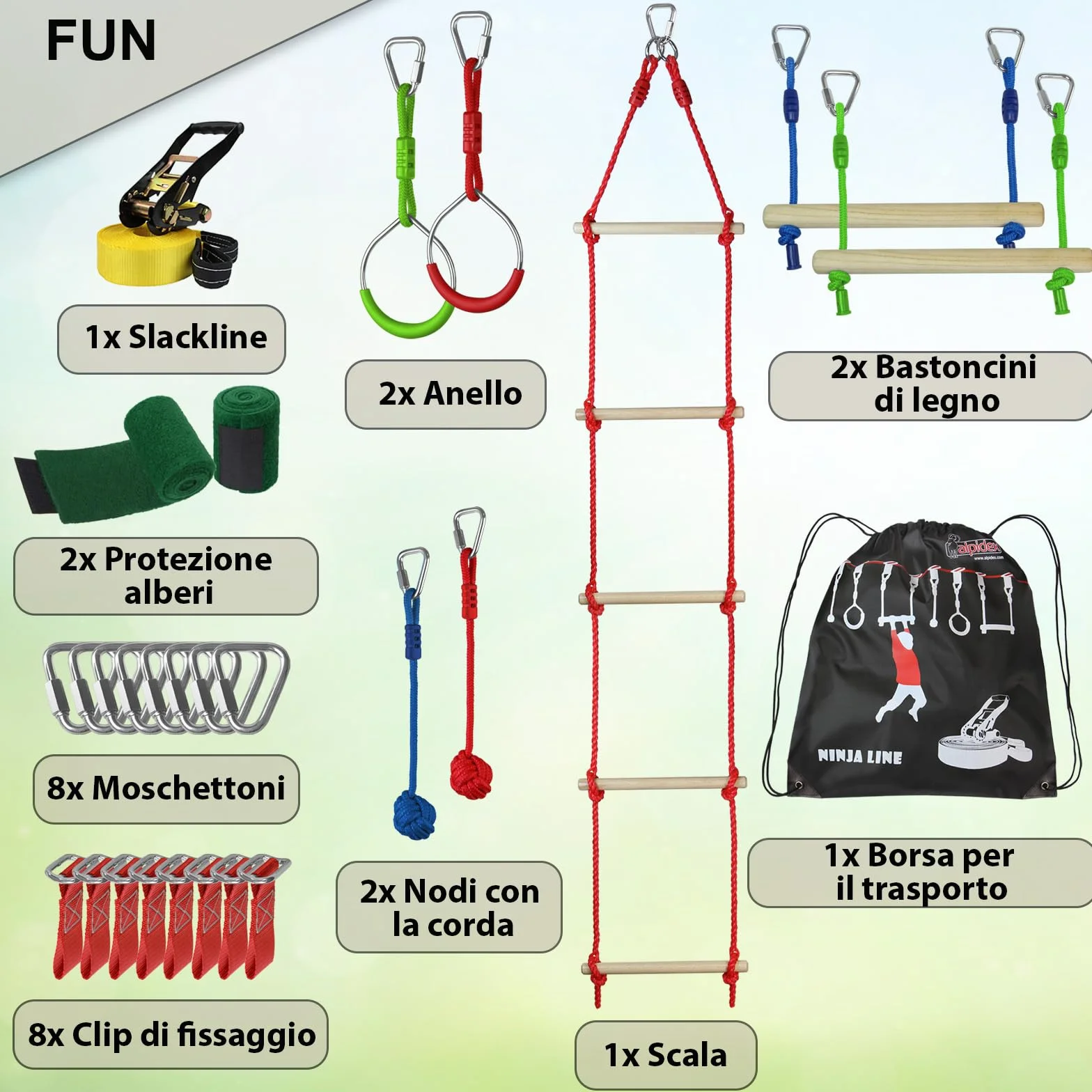 ALPIDEX Ninja Warrior Set 15 m Slackline Percorso Sospeso Ostacoli Ginnastica Bambini