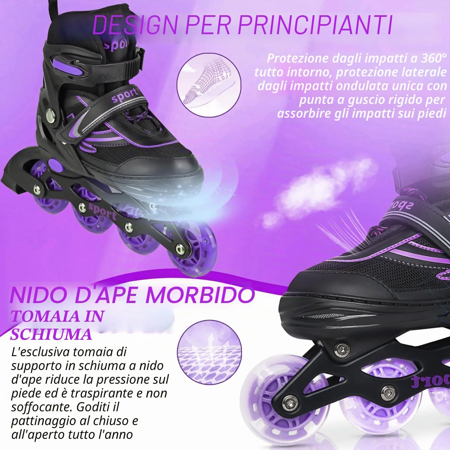 Pattini in linea regolabili per bambini ragazze ragazzi principianti, Pattini a rotelle per bambino e adolescente per lo sport viola e blu