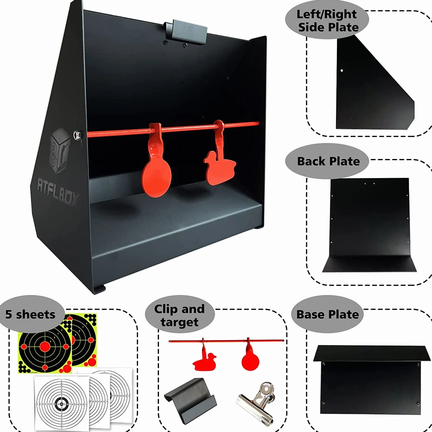ATFLBOX Scatola Trappola per proiettili di Piccolo Calibro Bersaglio a Pendolo 5 bersagli Carta Occhio di Bue Calibro .177 .22 per Fucili Softair BB