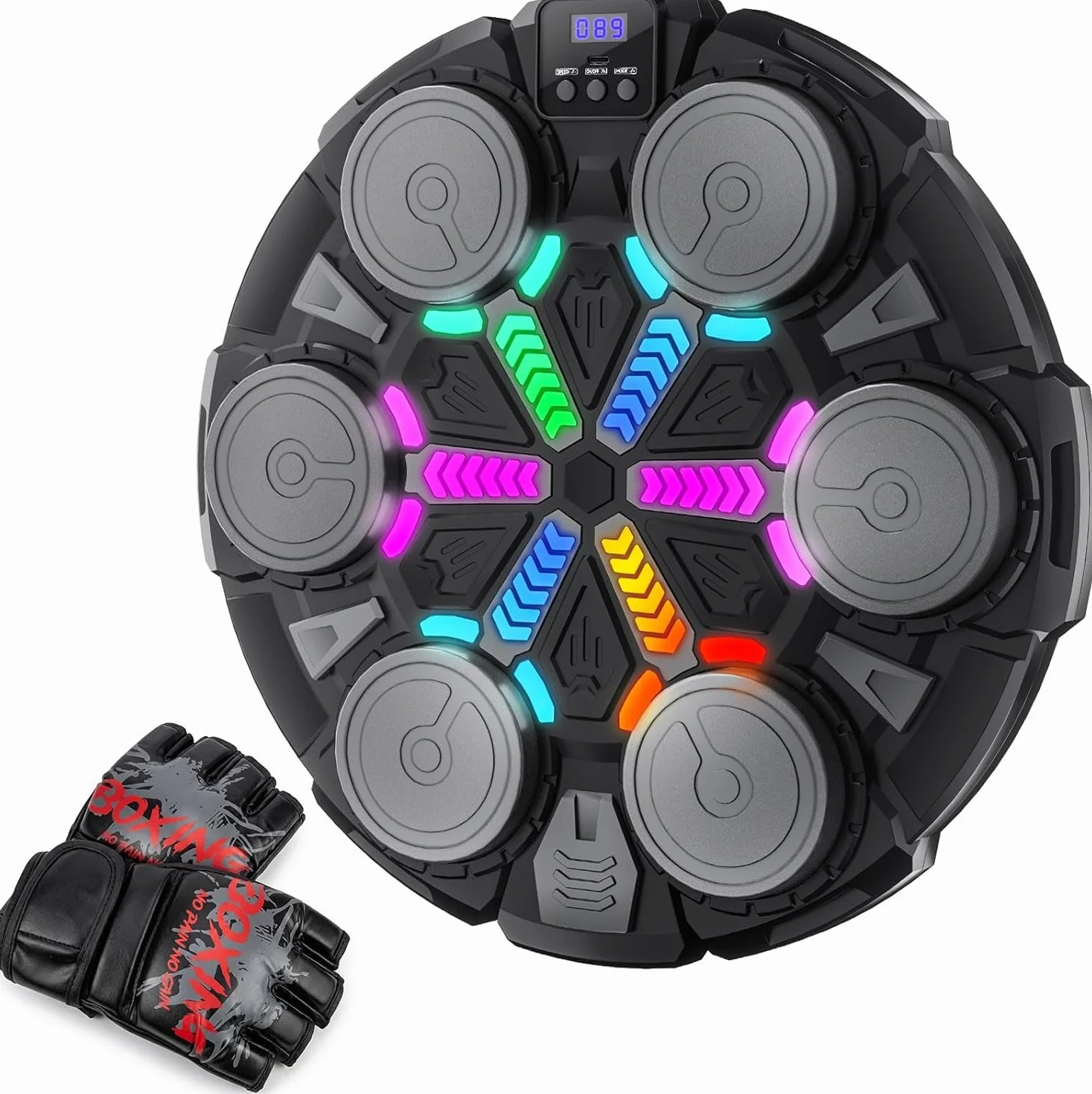 Music Boxing Machine, Macchina da Boxe Musicale da Parete con Guantoni, Luci e Ritmo, 3 modalità e 6 velocità Regolabili, Set da Boxe per Bambini e Adulti