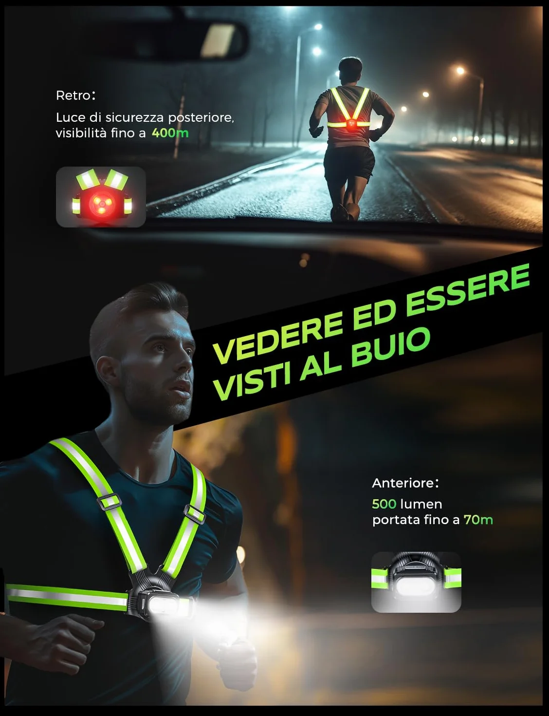 Luce Running 500 Lumen con Posteriore, 7+2 Modalità, 45° Regolabile, IPX4 Impermeabile, Torcia Running