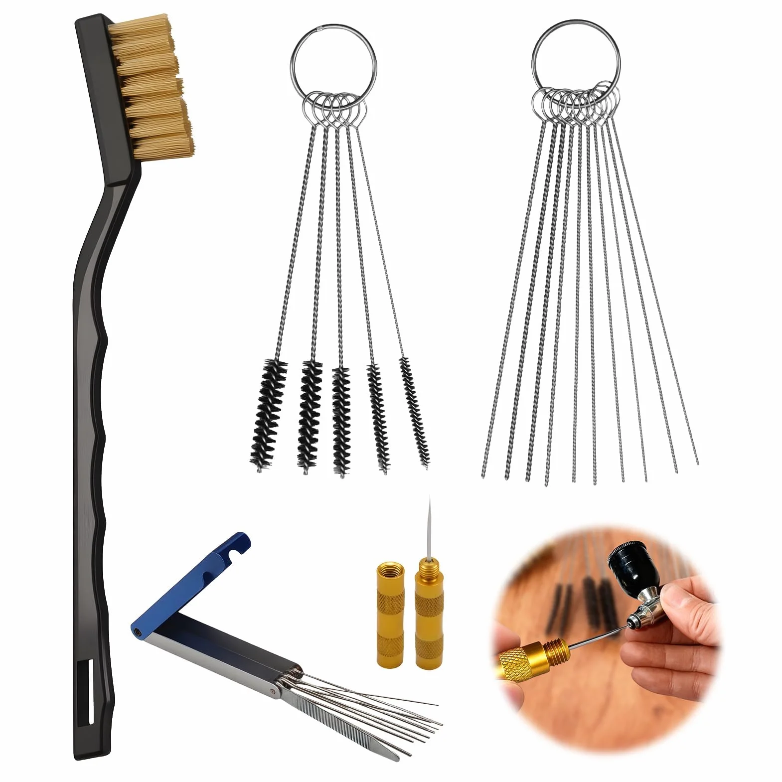 Kit di pulizia per ugelli per carburatore, set di pulizia ugelli, 13 fili, 10 aghi, 5 spazzole, 1 strumento di rimozione, 1 spazzola metallica, adatto per auto moto quad, saldatrici per tappeto erboso