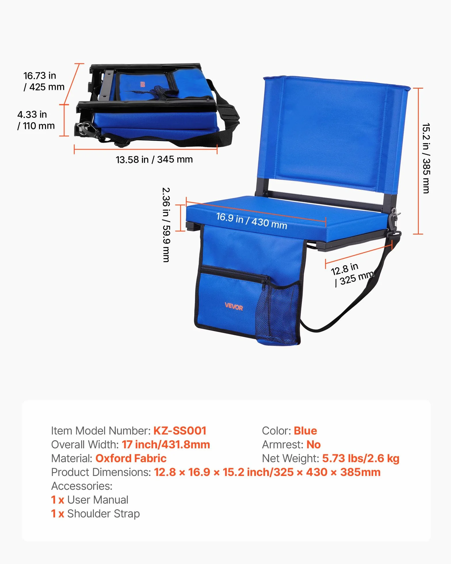 VEVOR Sedia da Stadio Pieghevole con Schienale Imbottita 431,8 mm Blu per Campeggio Giardino
