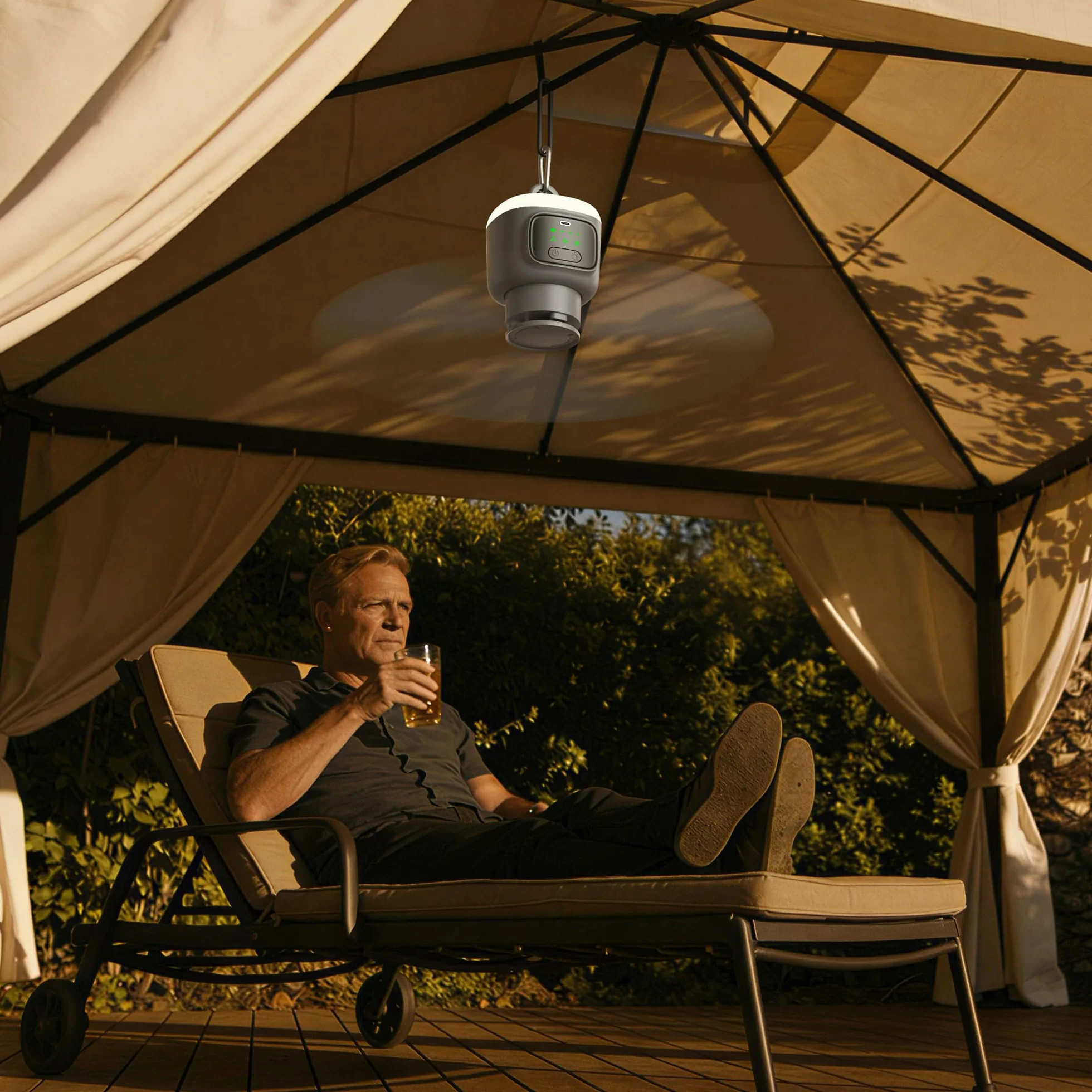 VVU&CCO Ventilatore da soffitto portatile ricaricabile con luce, 12000 mAh, funzionamento a batteria, tempo di utilizzo fino a 16 ore, regolazione 4 velocità, timer 2/4/8 ore, ventilatore da soffitto