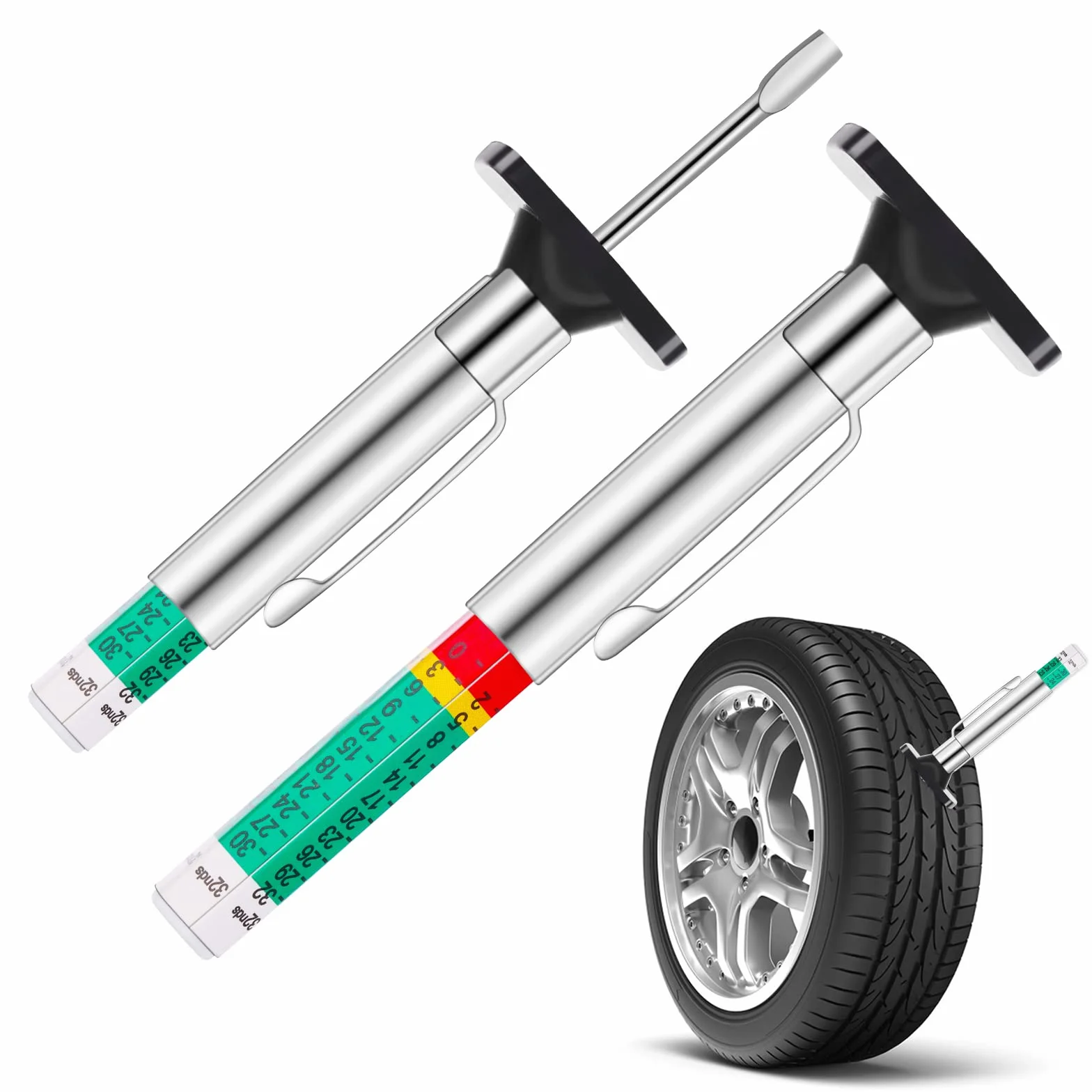Molain Calibro Profondità Battistrada per Pneumatici, Confezione da 2 Calibro Profondità Pneumatici con Codice Colore 32nds/25mm Strumenti di Misurazione Accurata della Profondità del Battistrada