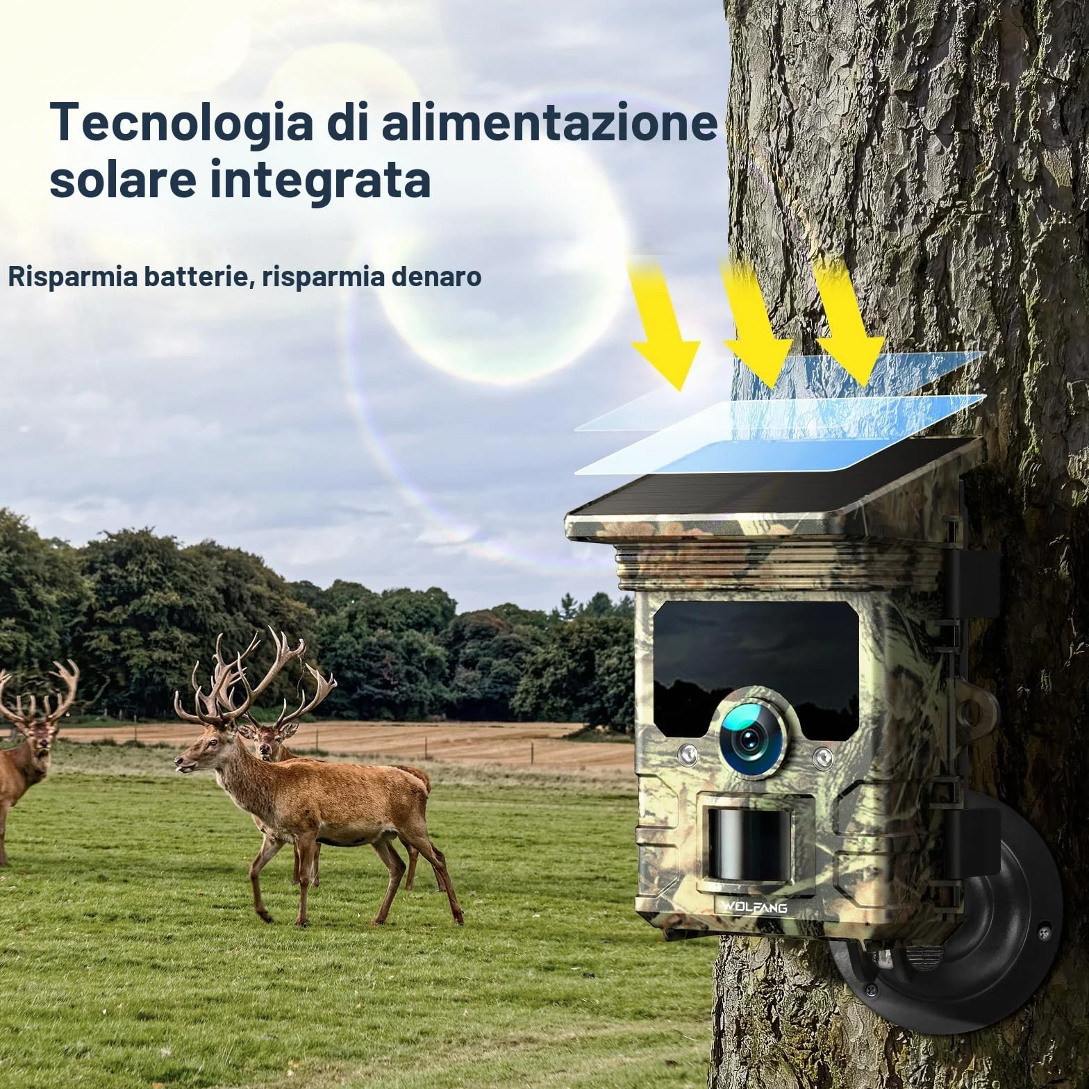 WOLFANG Fototrappola 68MP 4K 30Fps Solare Wifi Bluetooth App Fotocamera Caccia Visione Notturna Impermeabile IP66 5200mAh