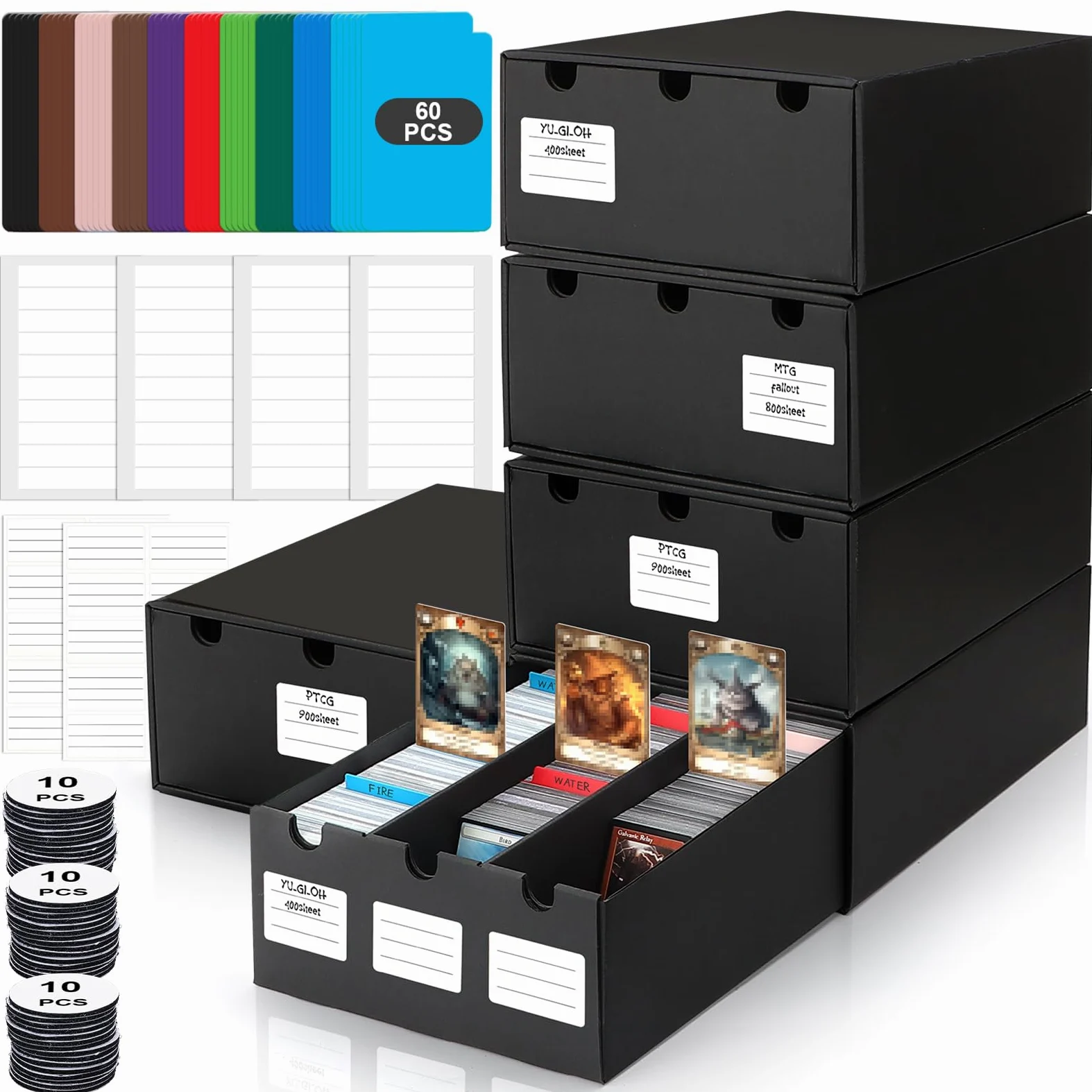Deck Box per Carte Mtg,Scatola Carte Pokemon Collezionabili da 15000+ Porta Deck con 60 Divisori,Etichette e Nastro Adesivo,Contenitore Carte Pokemon per Carte TCG MTG YuGiOh