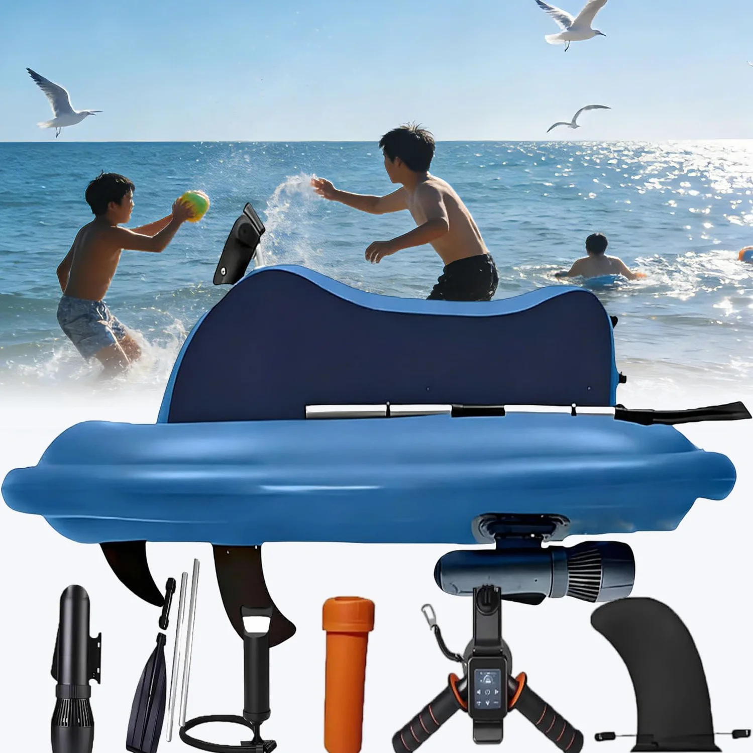 Moto d'Acqua Gonfiabile per 2 Persone con Scooter Marino - Propulsore da 500 W, Batteria da 10000 mAh, Autonomia di 130 Minuti, Maniglia Girevole A 360°, Telecomando A 10 velocità
