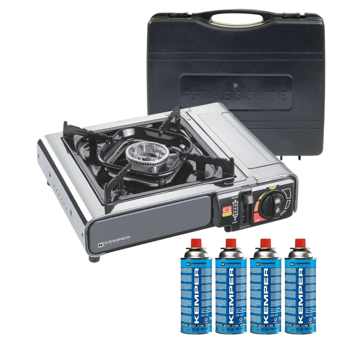 KEMPER - Fornello a gas portatile 2200W INOX + 4 cartucce di gas + valigetta per il trasporto – cottura all’aperto, campeggio, van, trekking