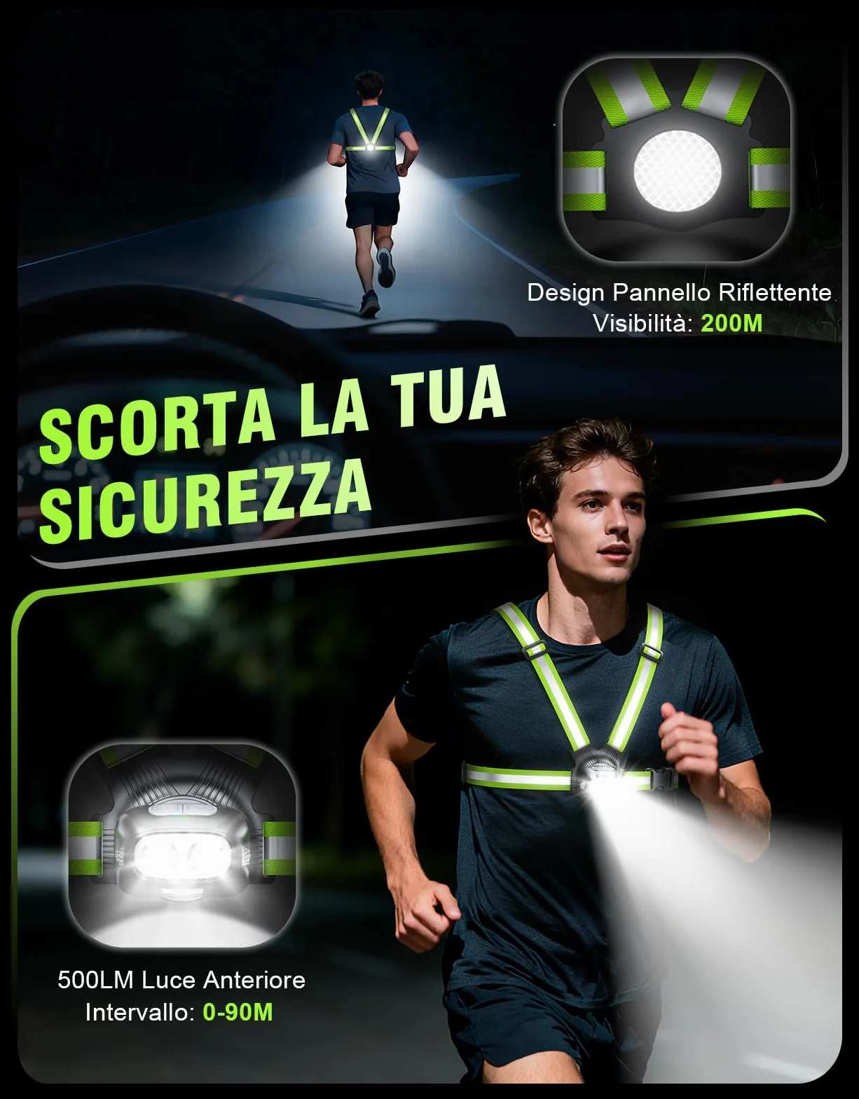 Mohard Luce Running 1800mAh 7 Modalità 45° Regolabile Gilet Catarifrangente USB Ricaricabile IPX4