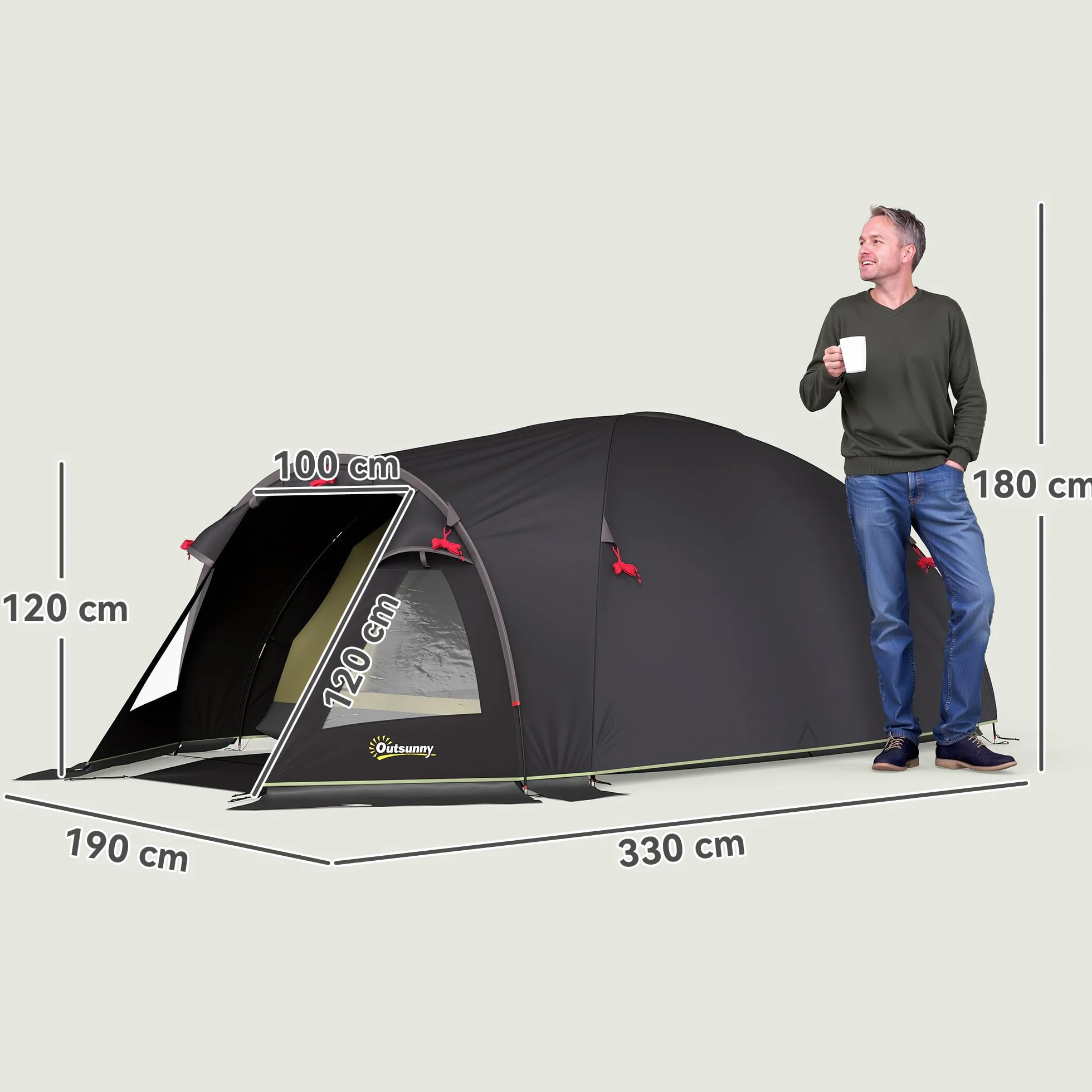 Outsunny Tenda da Campeggio a Tunnel per 2 Persone 2 Stanze Impermeabile 3000mm 330x190x120 cm Nero