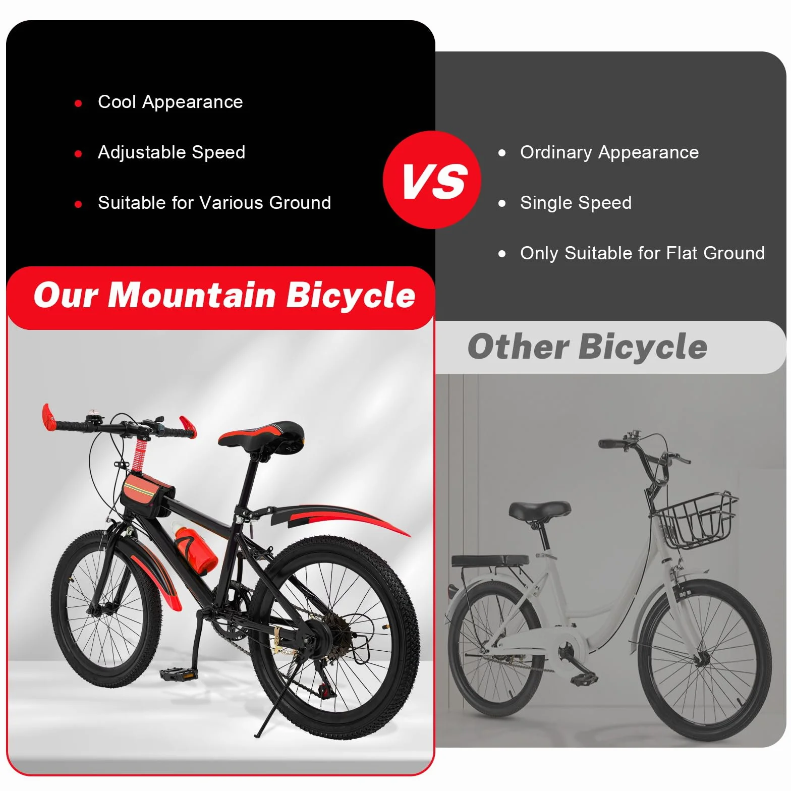 Mountain bike 20 pollici bambini telaio acciaio carbonio parafanghi doppio freno rossa campanello 85 kg