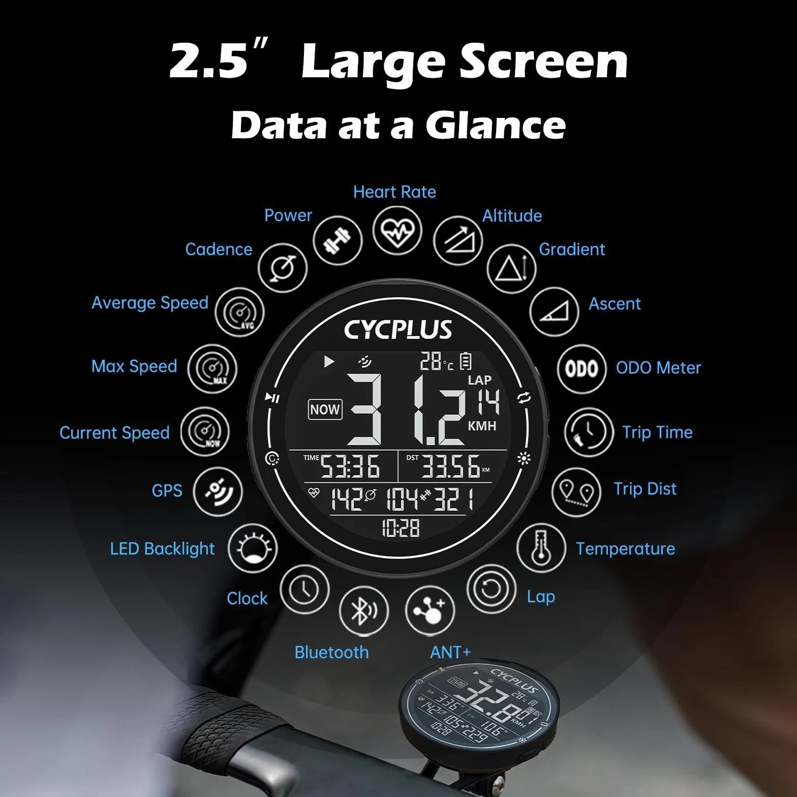 CYCPLUS Computer da bicicletta GPS Tachimetro Senza Fili IPX6 ANT+ Bluetooth 5.0