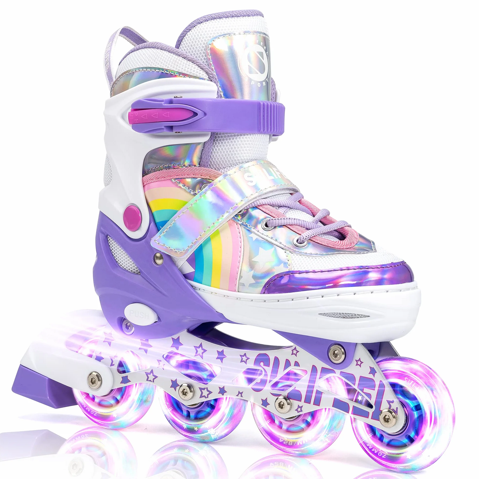 SULIFEEL Pattini in linea luminosi regolabili con unicorno arcobaleno per bambini, ragazze e ragazzi, pattini per principianti con ruote illuminate