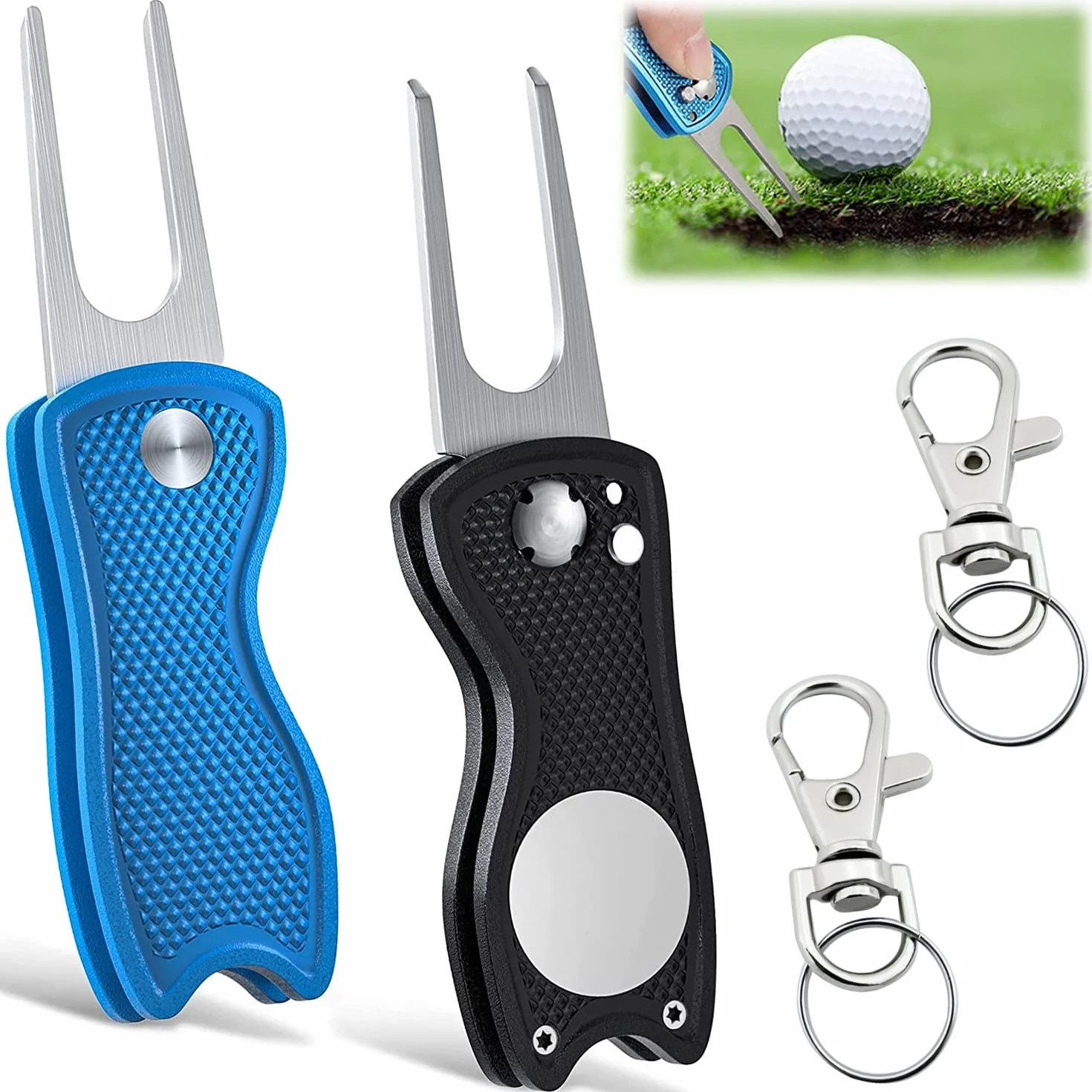Forchetta da golf 2 pezzi in acciaio inox per riparazione volante con marcatore a palloni