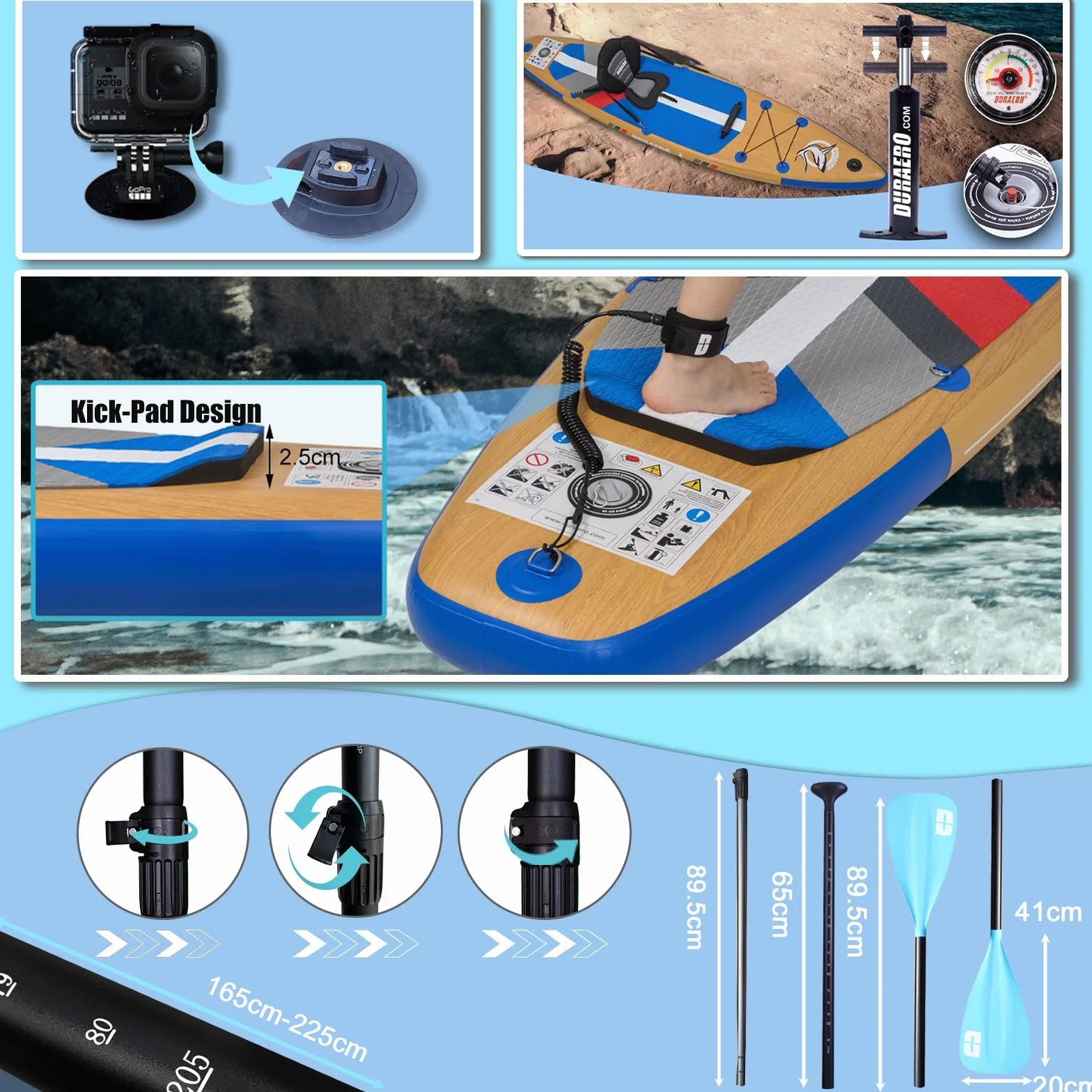 DURAERO Tavola SUP gonfiabile XXL 330cm, stand up paddle con sedile kayak e poggiapiedi, pagaia doppia, supporto fotocamera, accessori completi, portata 150 kg, effetto legno
