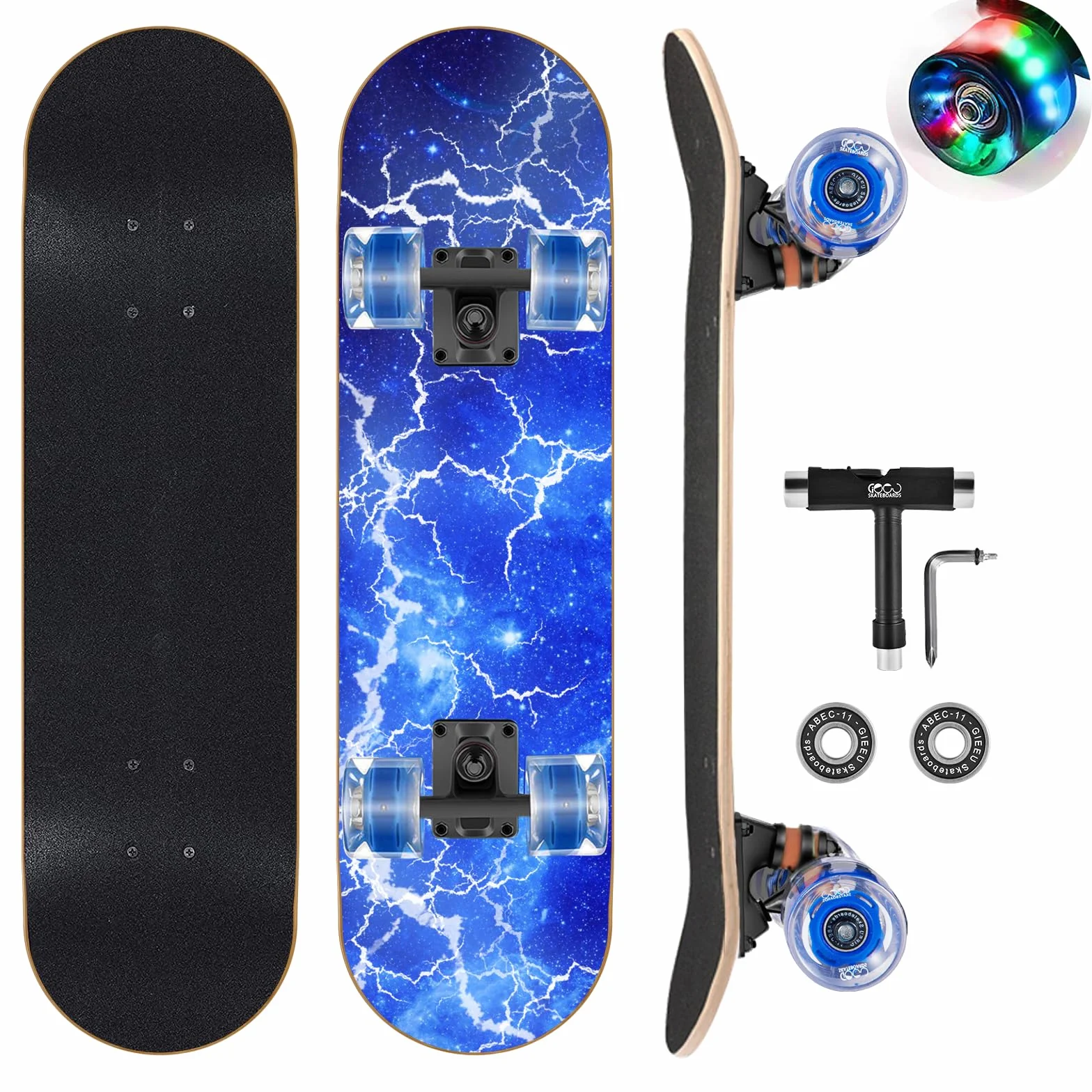 Skateboard con ruote colorate lampeggianti per principianti, bambini, adolescenti e adulti, skateboard standard in acero a 9 strati