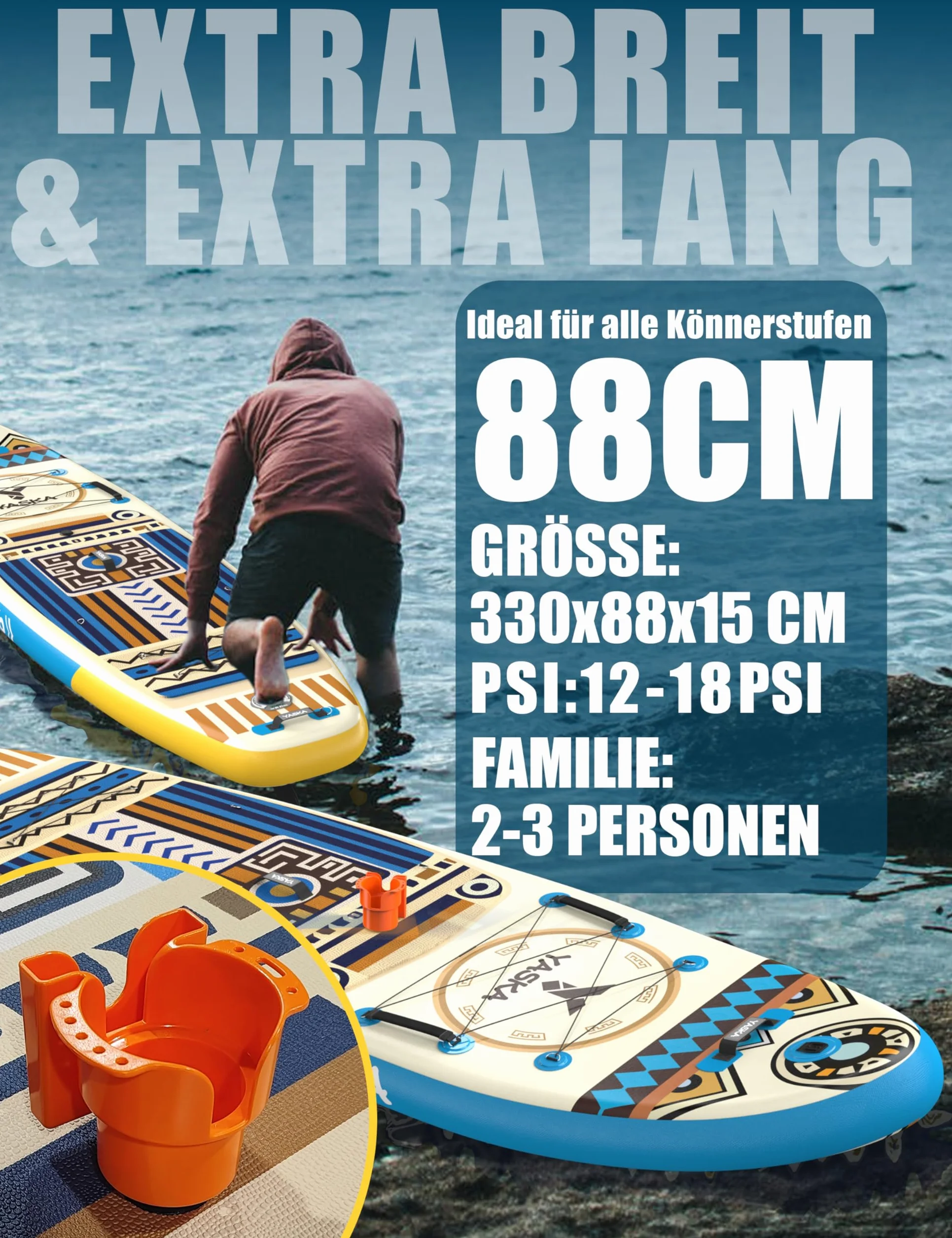 Yaska SUP Gonfiabile Adulti con Tutti gli Accessori e Portabicchiere,335cm Stand up Paddle Gonfiabile per Tutti i Livelli di Abilità,Paddle Board con Capacità di 200kg per 2 Persone