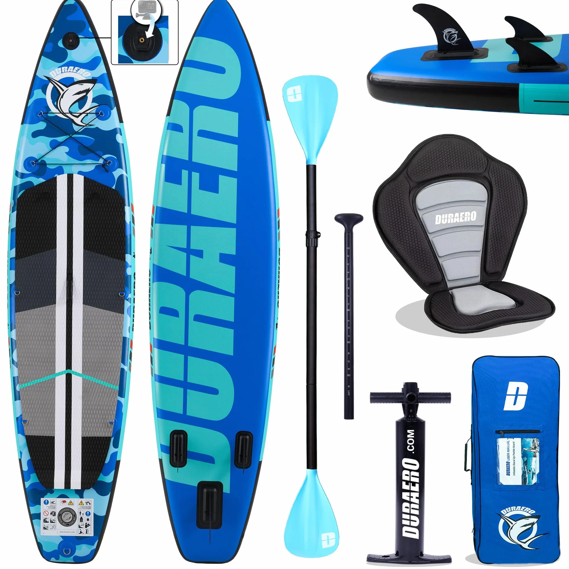 Stand up paddle gonfiabile, sedile per kayak e supporto per fotocamera, pagaia 2 in 1, 330 x 76 x 15 cm, fino a 150 kg, pompa con cinghia da piede, zaino