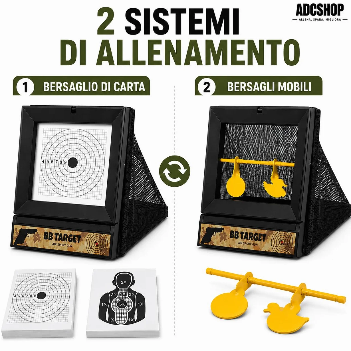 Airsoft Set di bersagli con rete cattura balines - 2 modalità - Include 100 bersagli extra 17x17 cm