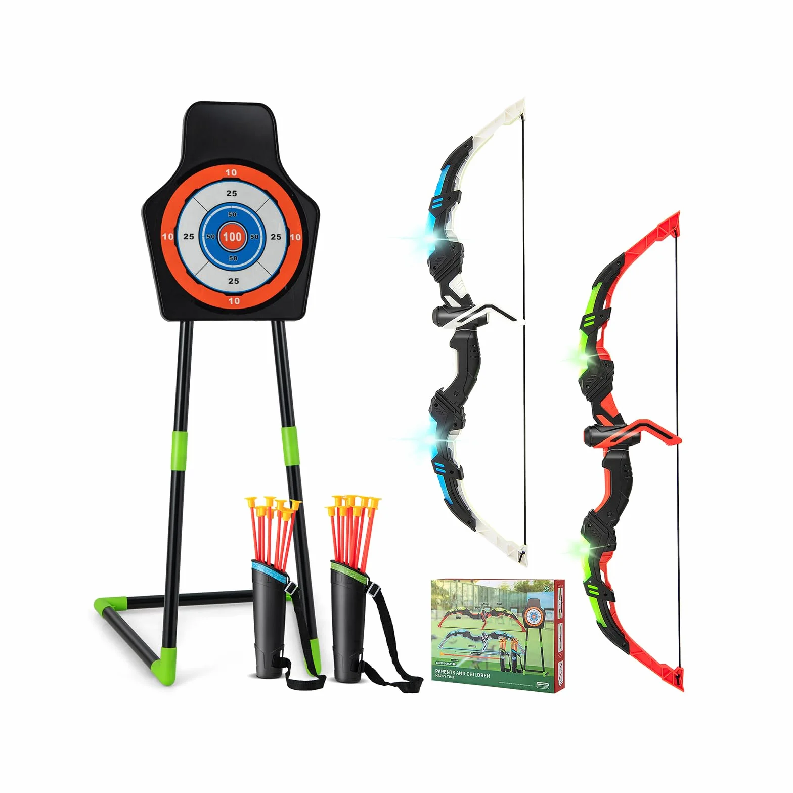 COSTWAY Set di 2 Archi e Frecce LED per Bambini con 20 Frecce a Ventosa