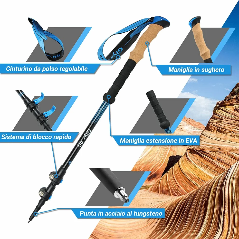 Bastoncini da Trekking 3 Sezioni 65-135cm Alluminio 7075 Blocco Rapido Impugnatura Sughero