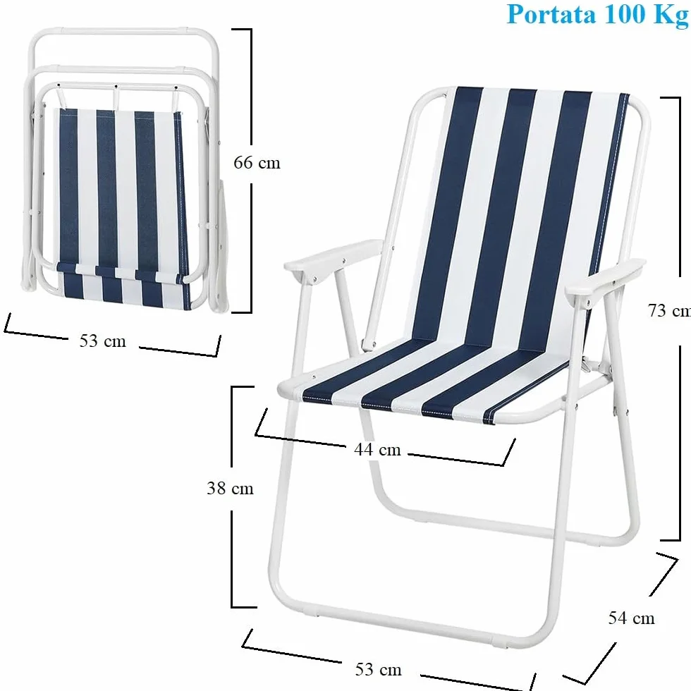 VIRSUS Sedia Pieghevole da Spiaggia 6440, 53x54x73 cm, Bianco e Blu, Spiaggina in Tessuto Traspirante con Braccioli