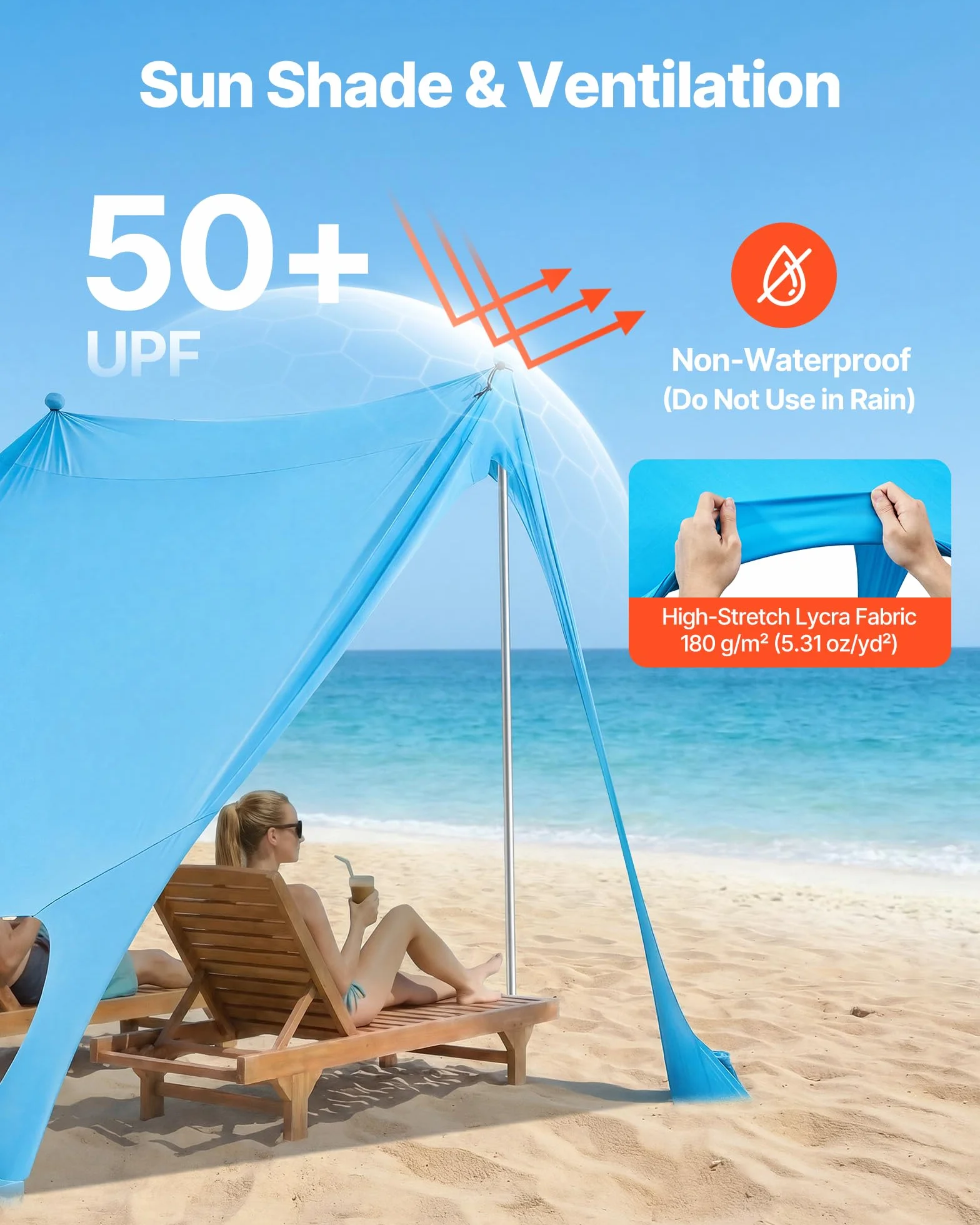 VEVOR Tenda Parasole Portatile da Spiaggia per Esterno Protezione Solare UPF50+ 2,3 x 2,3 x 2 m, Parasole da Spiaggia con Pali di Supporto Tenda Portatile per Campeggio Viaggio Pesca, Blu