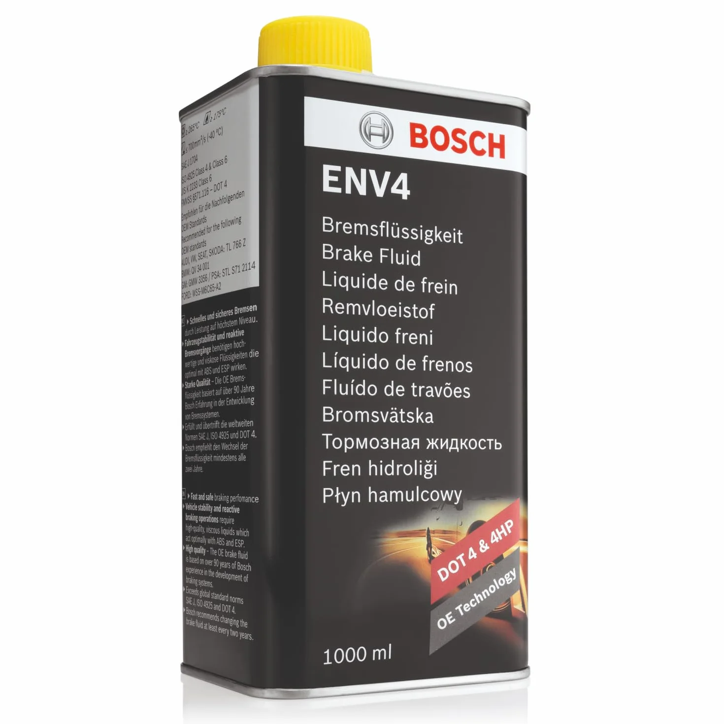 Liquido Freni Bosch ENV4, 1 L – Per tutti i veicoli moderni con freni ABS e ESP – Qualità Bosch – Compatibile con DOT 3, 4 e 4 HP/LV