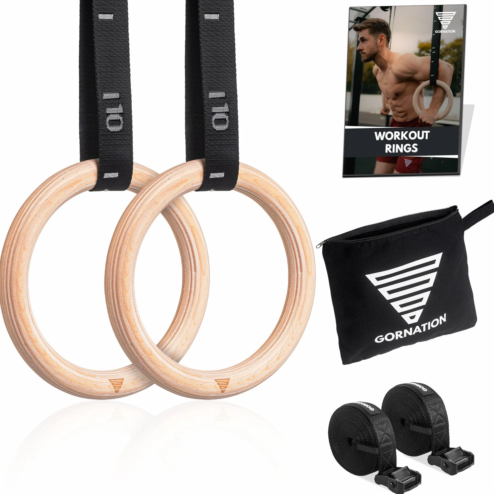 GORNATION Anelli per Calisthenics in Legno, Anelli Olimpici da Ginnastica con Cinghie Regolabili e Sacca