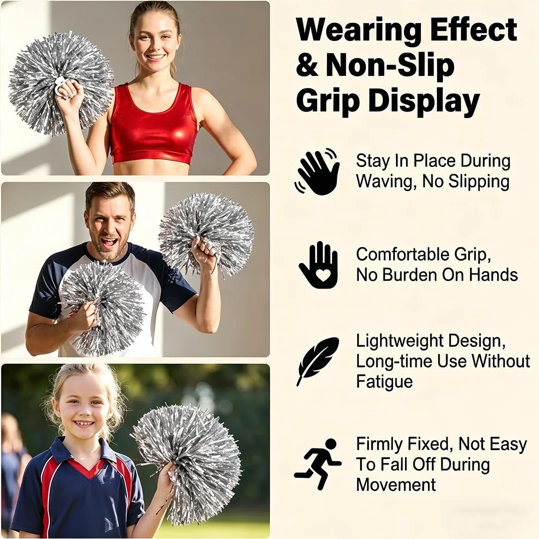 Pompon cheerleader lucidi in lamina metallica con anello in plastica argento