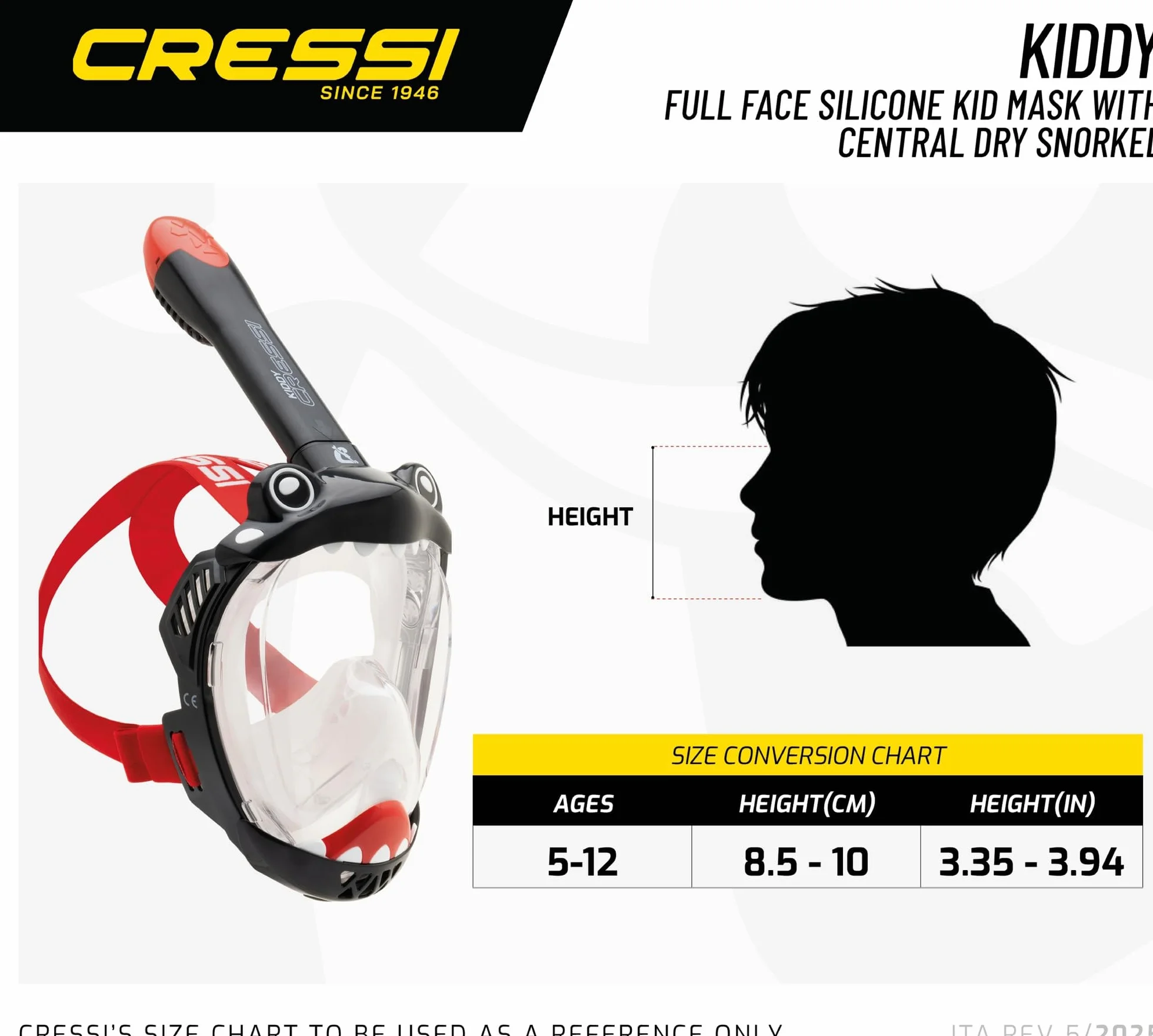 CRESSI Kiddy Kids Full Face Mask Maschera Integrale CO2 Sicuro Antiappannamento Snorkel Dry