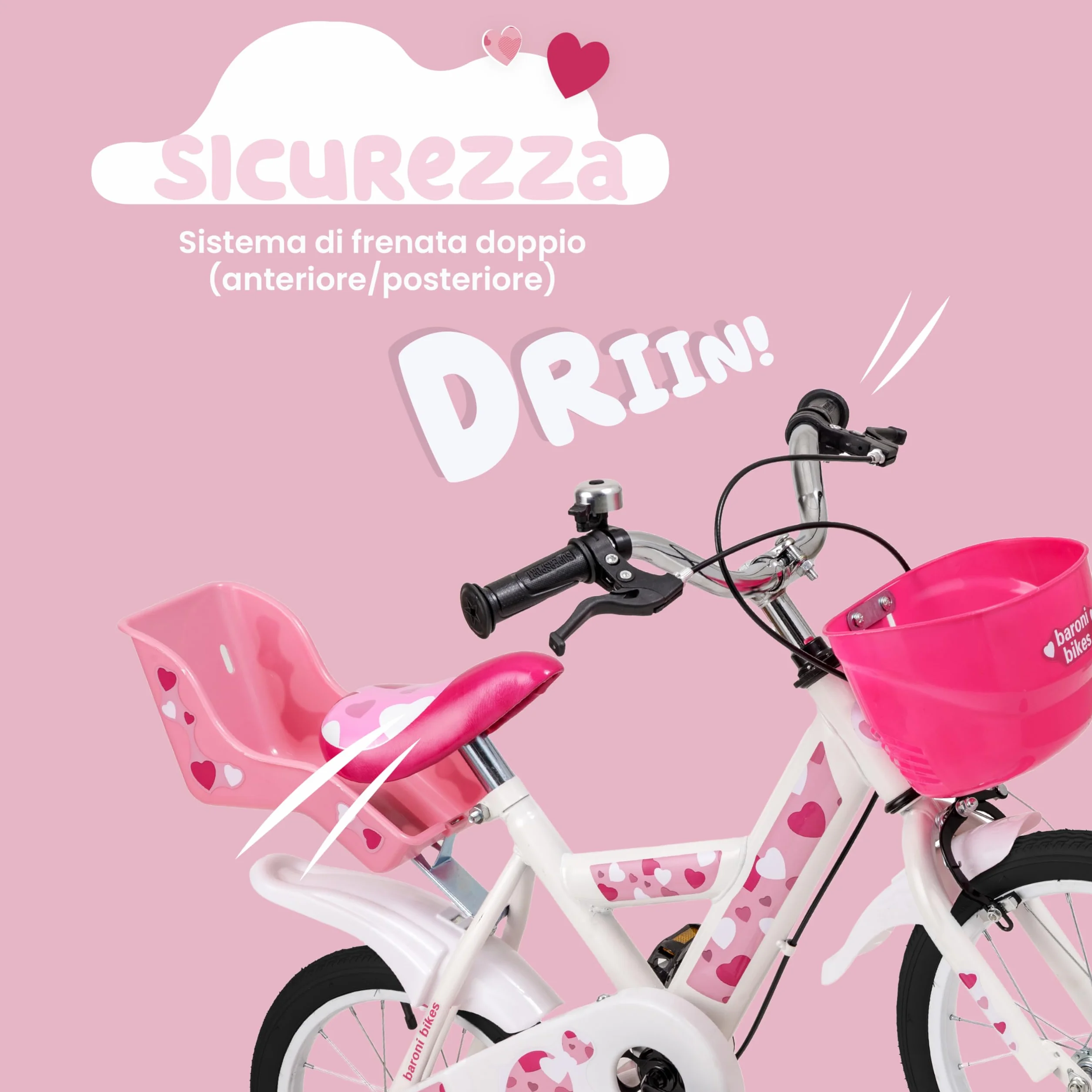 Baroni Toys Bicicletta Bambina Rosa Cuori 12" 14" 16" con Cestino e Rotelle