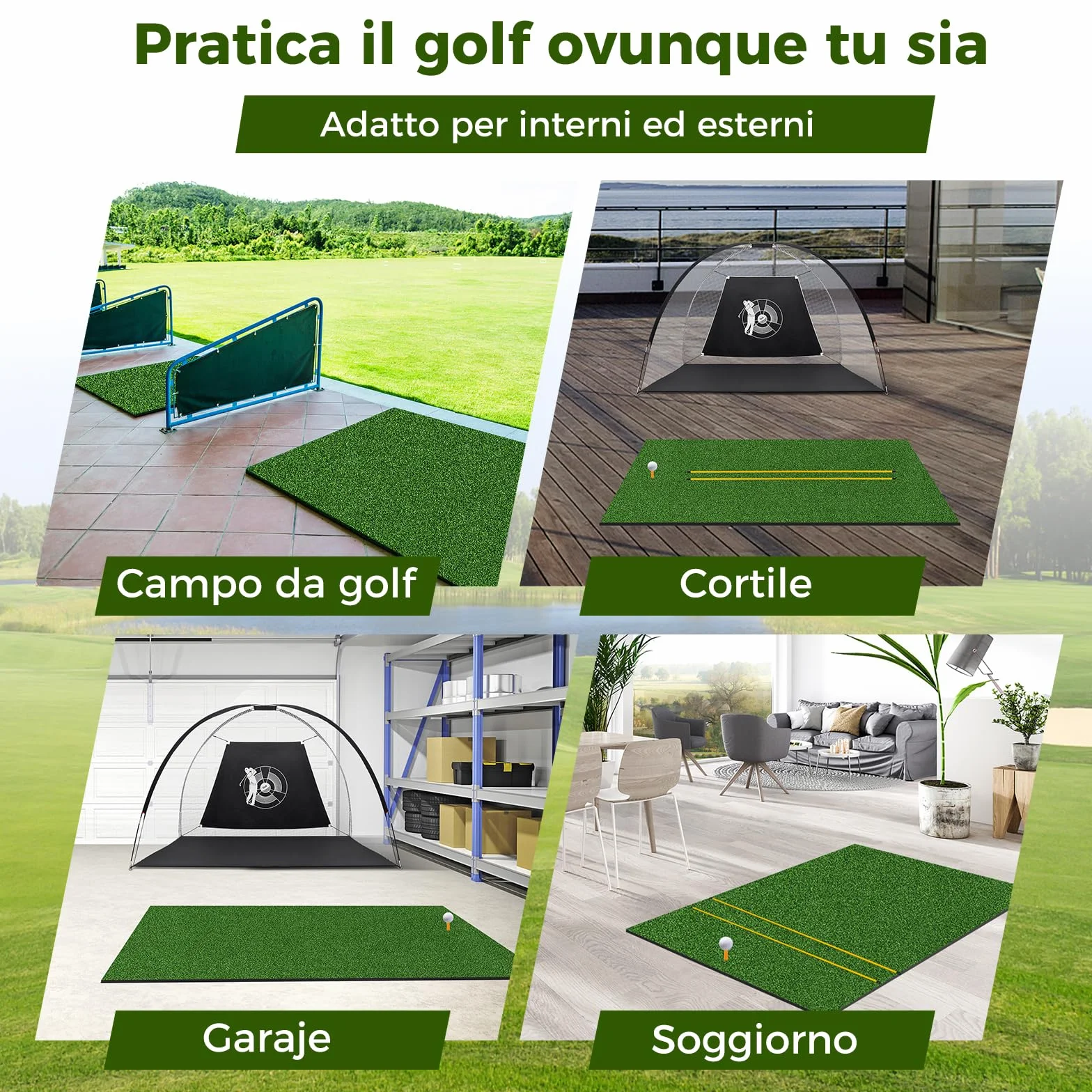 COSTWAY Tappetino da Allenamento Golf 3-in-1 con Erba Sintetica, 2 Punte e Astine di Allineamento